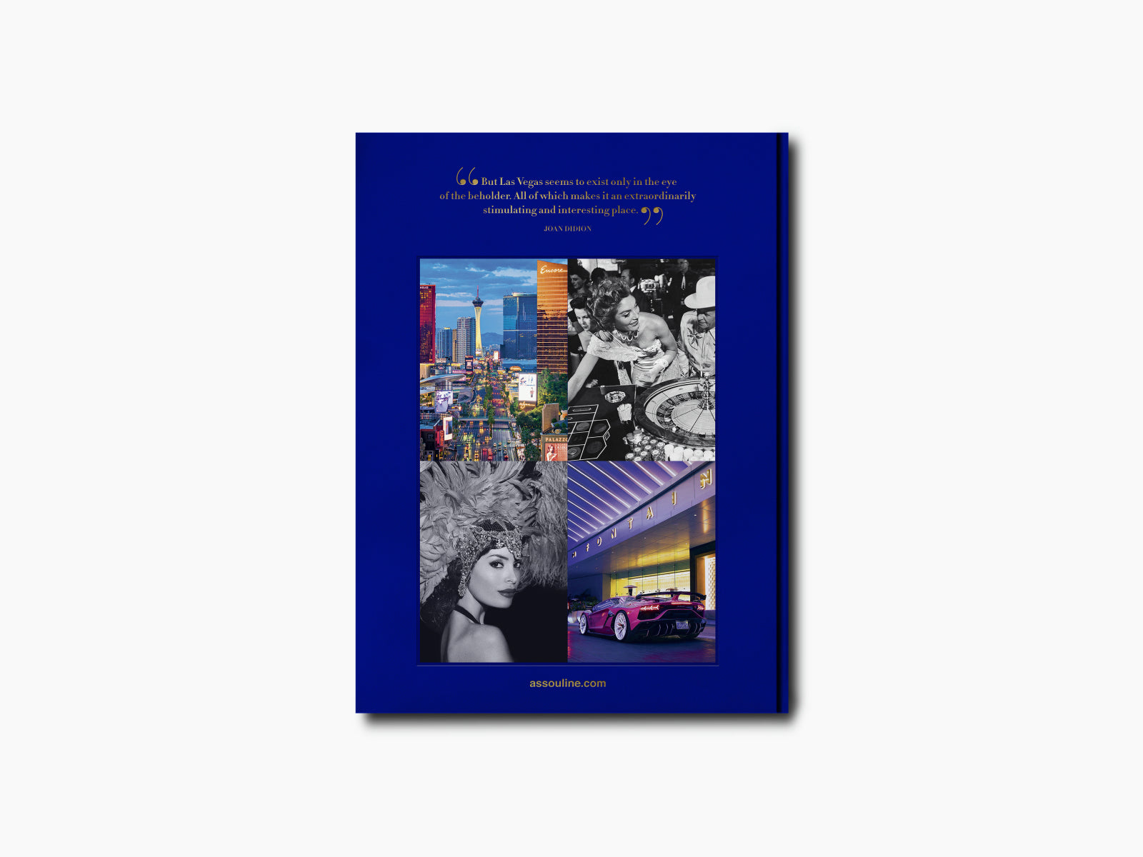 Blue hardcover book cover featuring a four panel collage of Las Vegas scenes and a purple sports car.