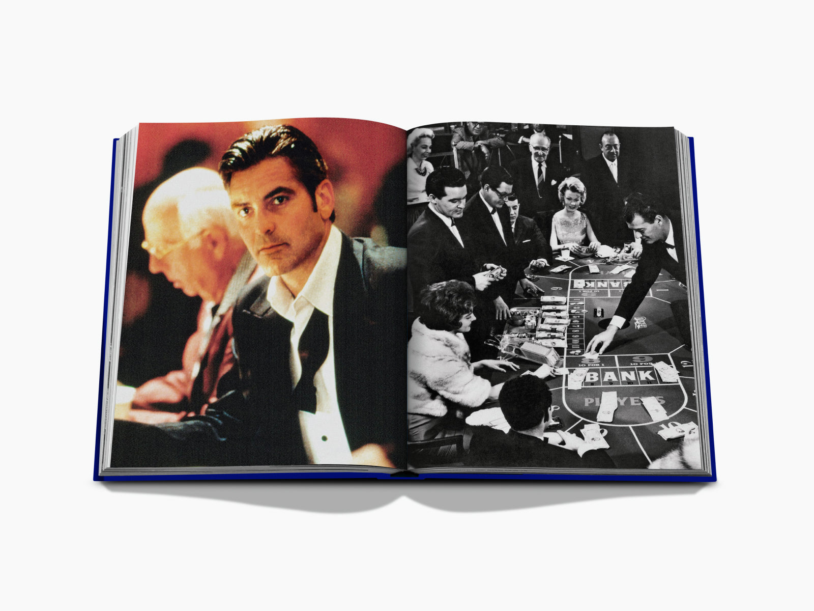 Suited man portrait on the left and a bustling black and white casino table scene on the right.