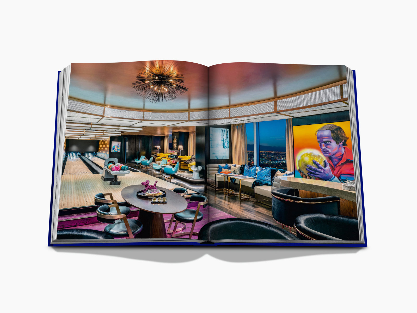 Luxurious casino lounge with a bowling alley, colorful seating, and bold contemporary art on the walls.