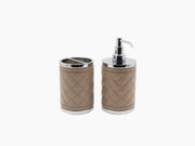 Riviere Diamonds bathroom set in taupe handwoven leather with chrome accents featuring a tissue holder and a pump dispenser
