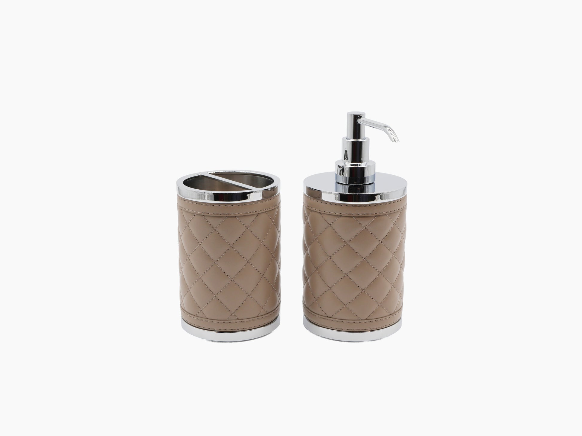 Riviere Diamonds bathroom set in taupe handwoven leather with chrome accents featuring a tissue holder and a pump dispenser