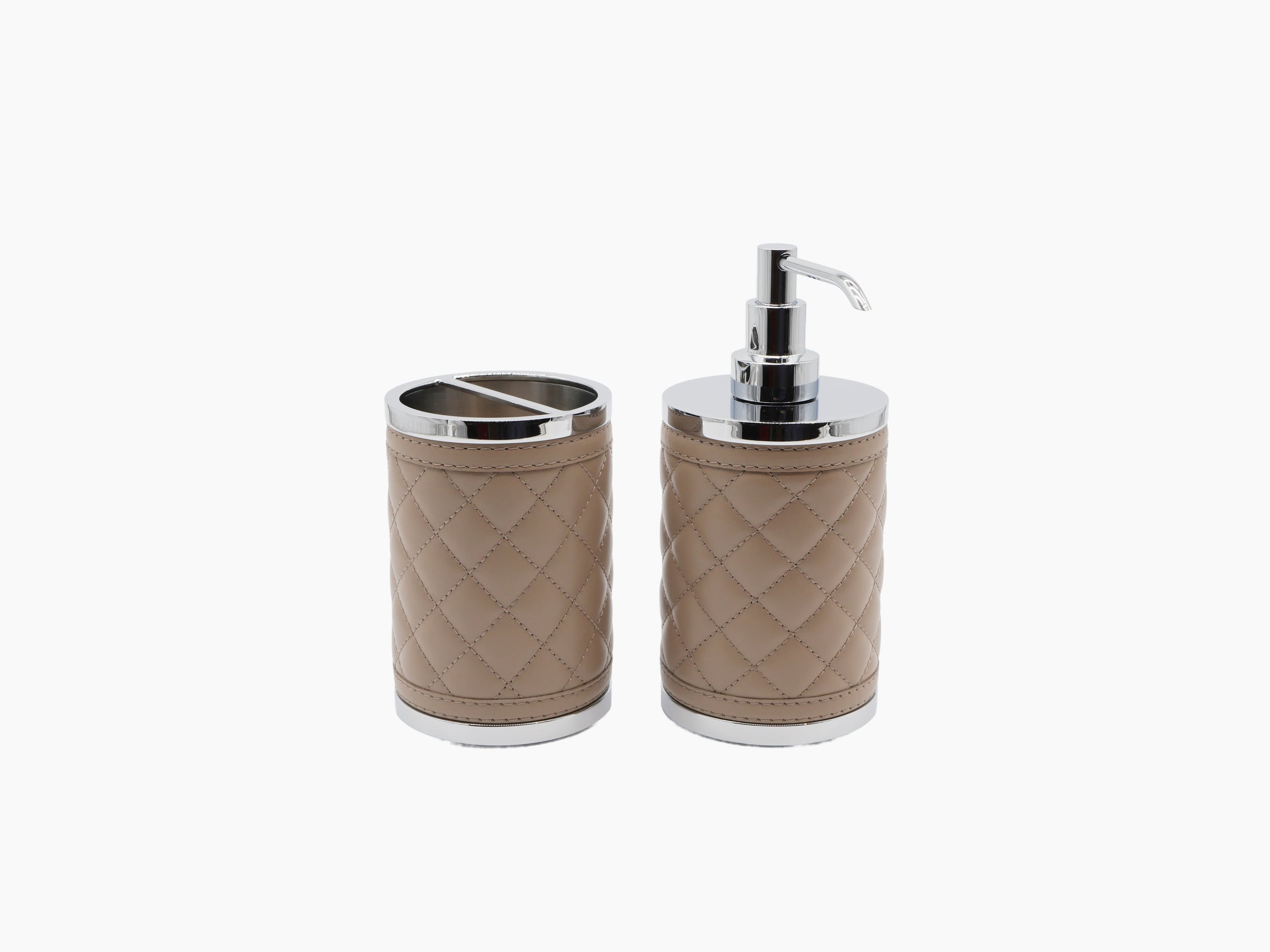 Riviere Diamonds bathroom set in taupe handwoven leather with chrome accents featuring a tissue holder and a pump dispenser