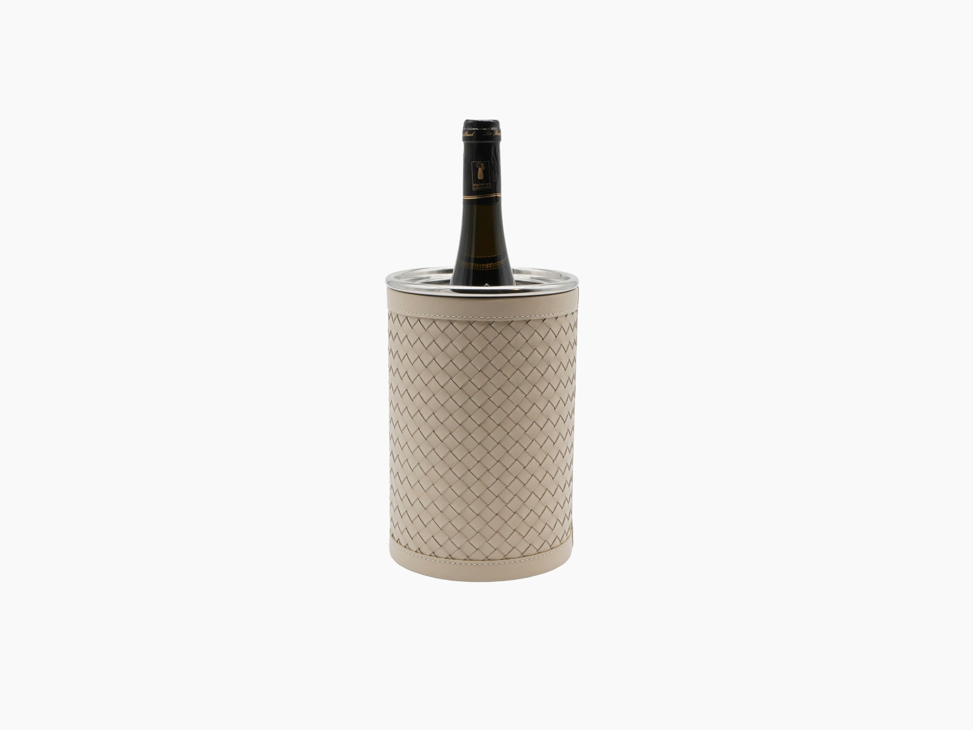 Menfi Handwoven Bottle Cooler with ivory leather weave and stainless interior surrounding a wine bottle.