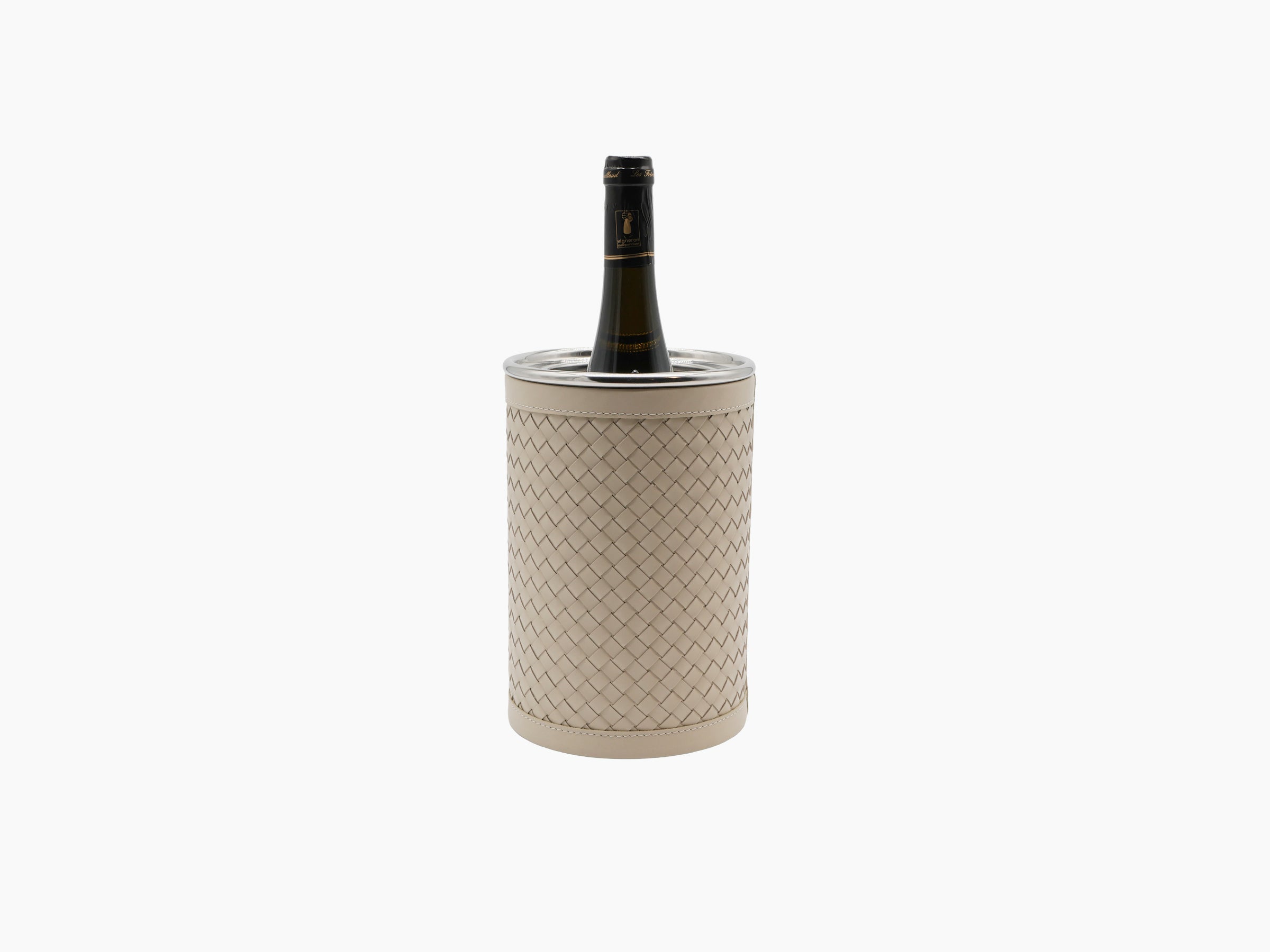 Menfi Handwoven Bottle Cooler with ivory leather weave and stainless interior surrounding a wine bottle.