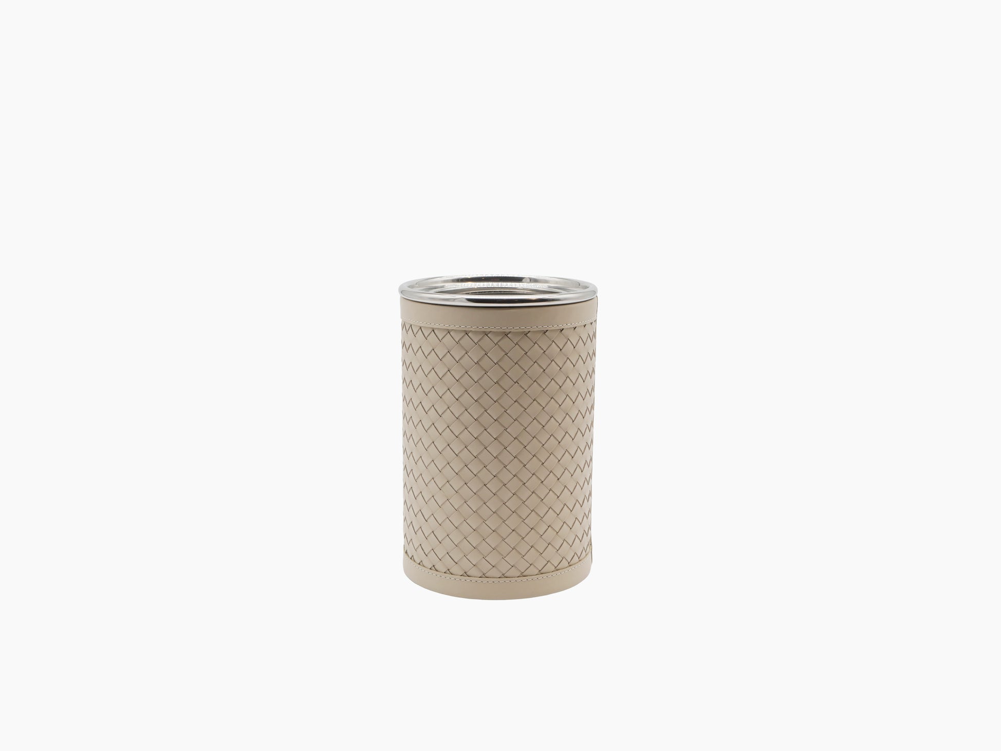 Menfi Handwoven Bottle Cooler in ivory leather with stainless interior visible and empty opening.