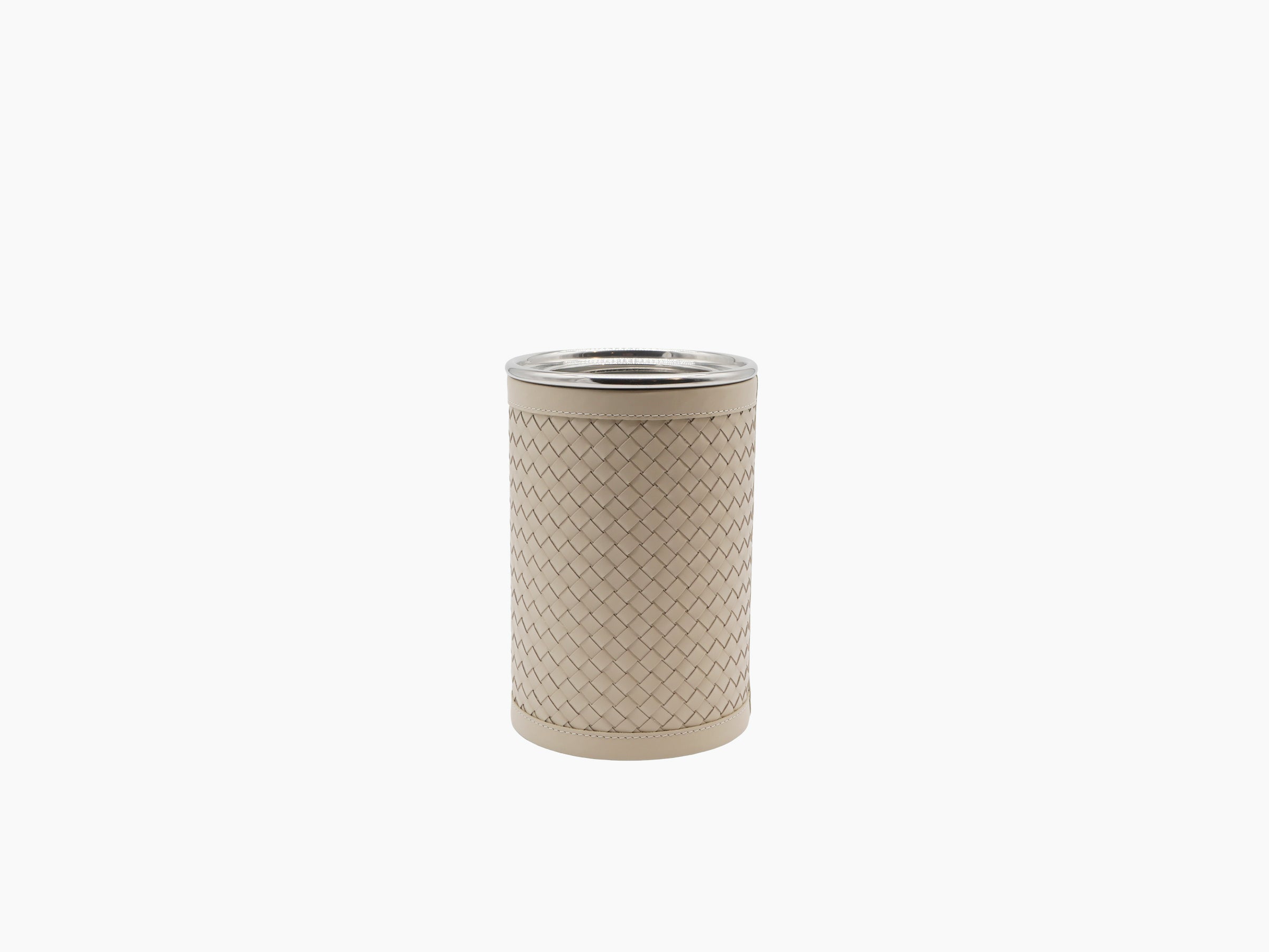 Menfi Handwoven Bottle Cooler in ivory leather with stainless interior visible and empty opening.