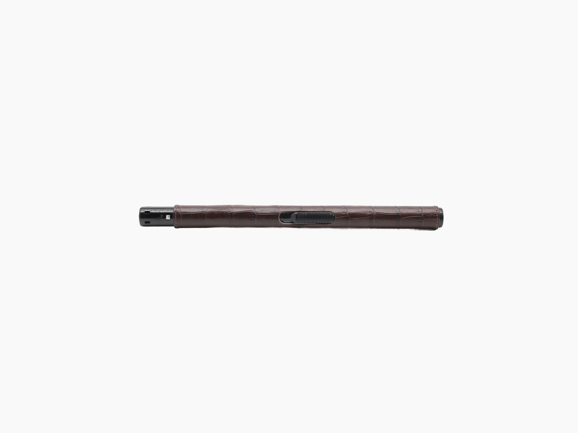 Candle lighter with brown leather wrapped shaft and black metal tip.