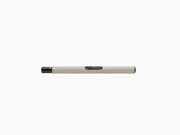 Slim metal lighter with beige leather wrap and black end cap against a white background