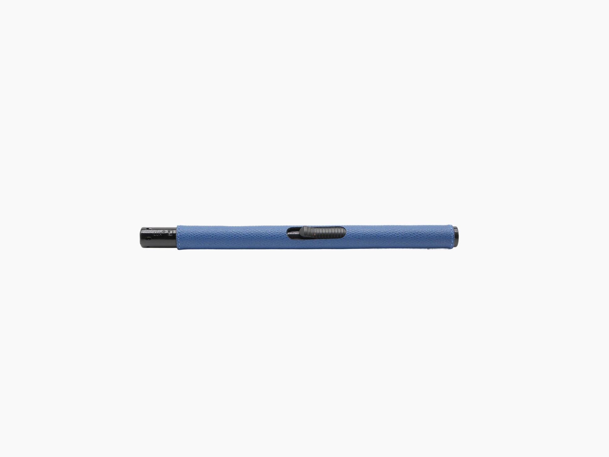 Blue leather wrapped candle lighter with black metal ends on a white background