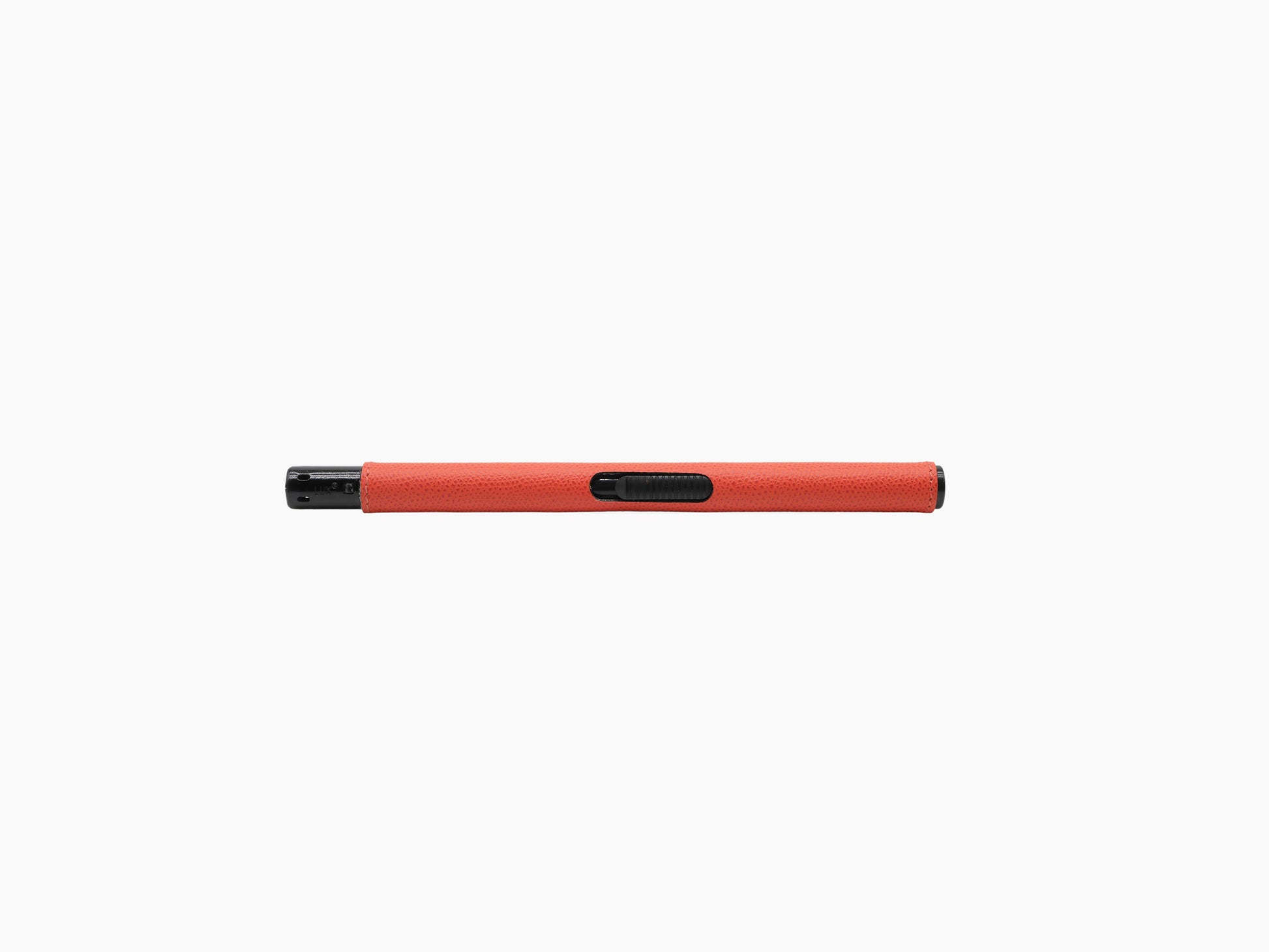 Slim red leather wrapped lighter with black metal ends and flame control slider
