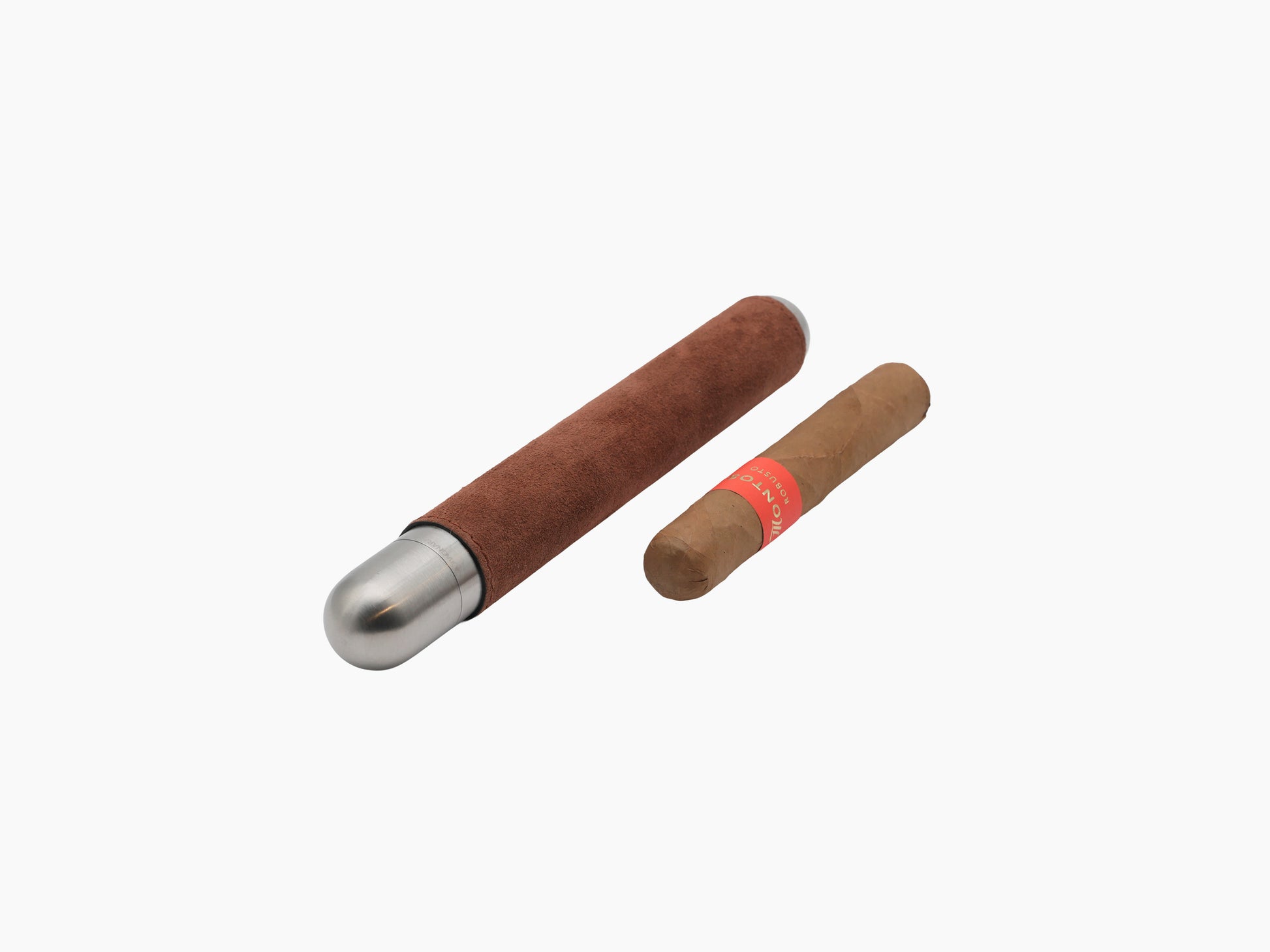 Stainless steel cigar holder with a satin finish partially wrapped in brown leather and a small steel humidifier beside it