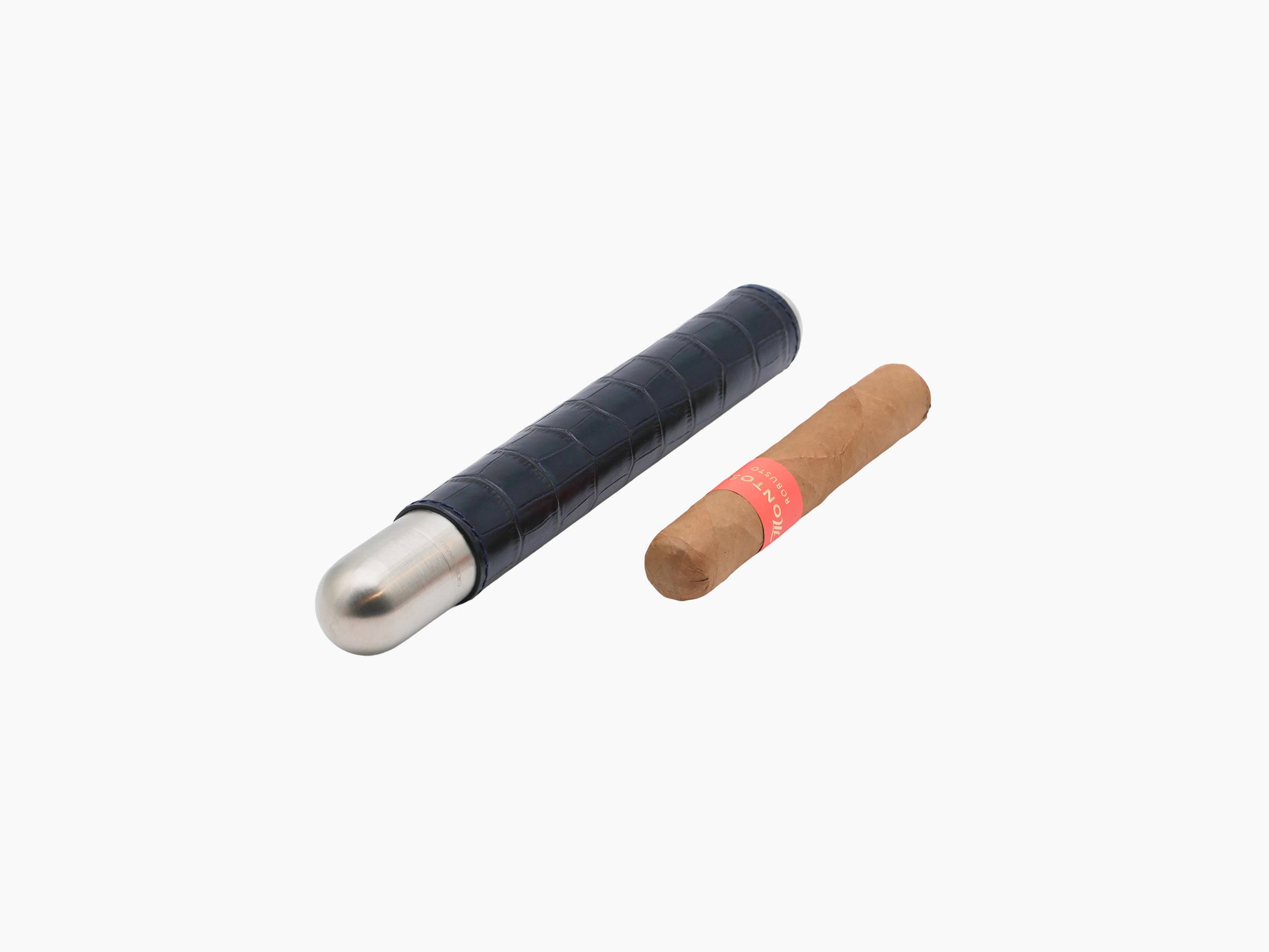 Stainless steel cigar holder with satin finish partially wrapped in dark leather shown beside a brown cigar with a red band.