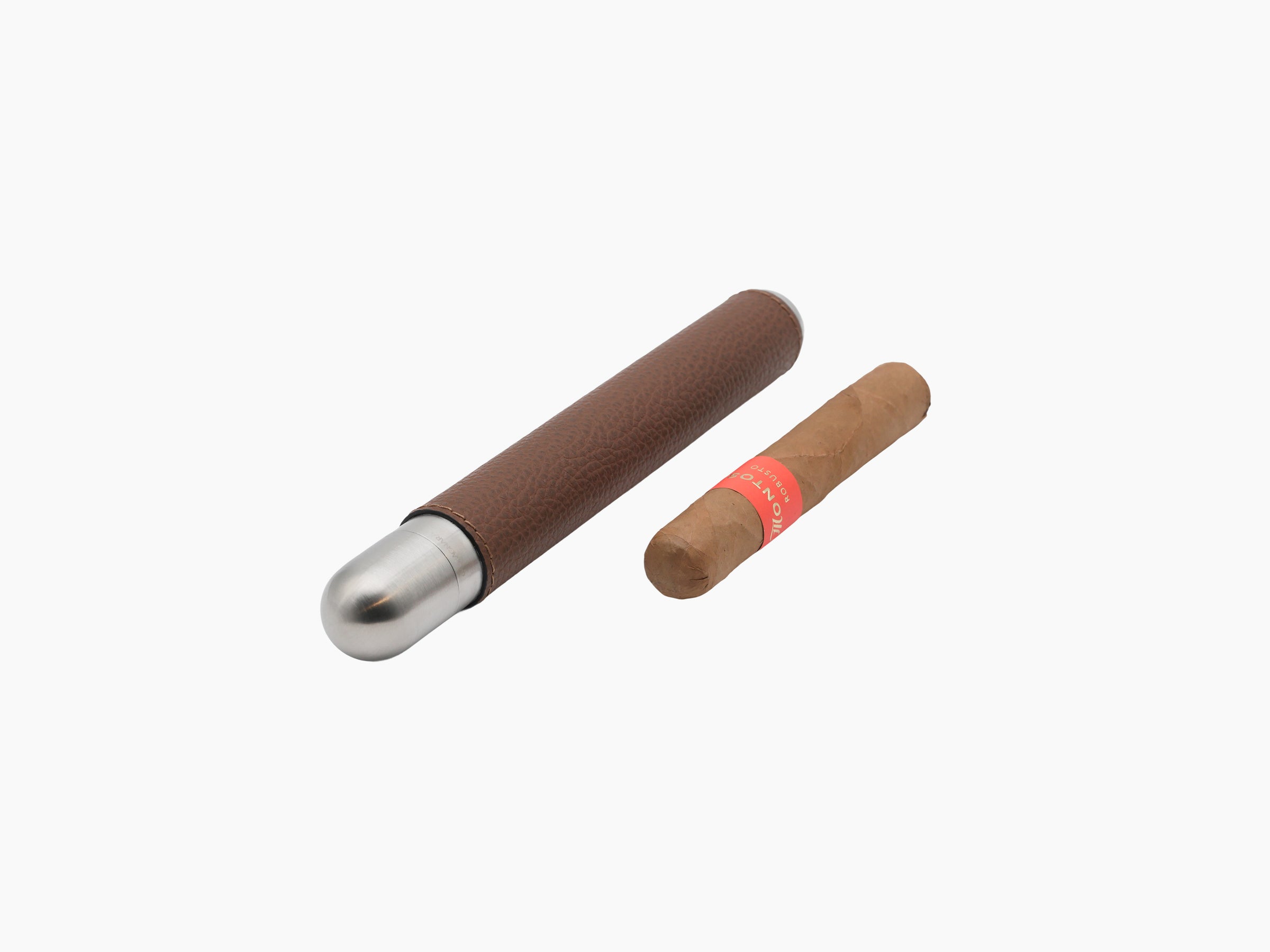 Stainless steel cigar holder with satin finish wrapped in brown textured leather