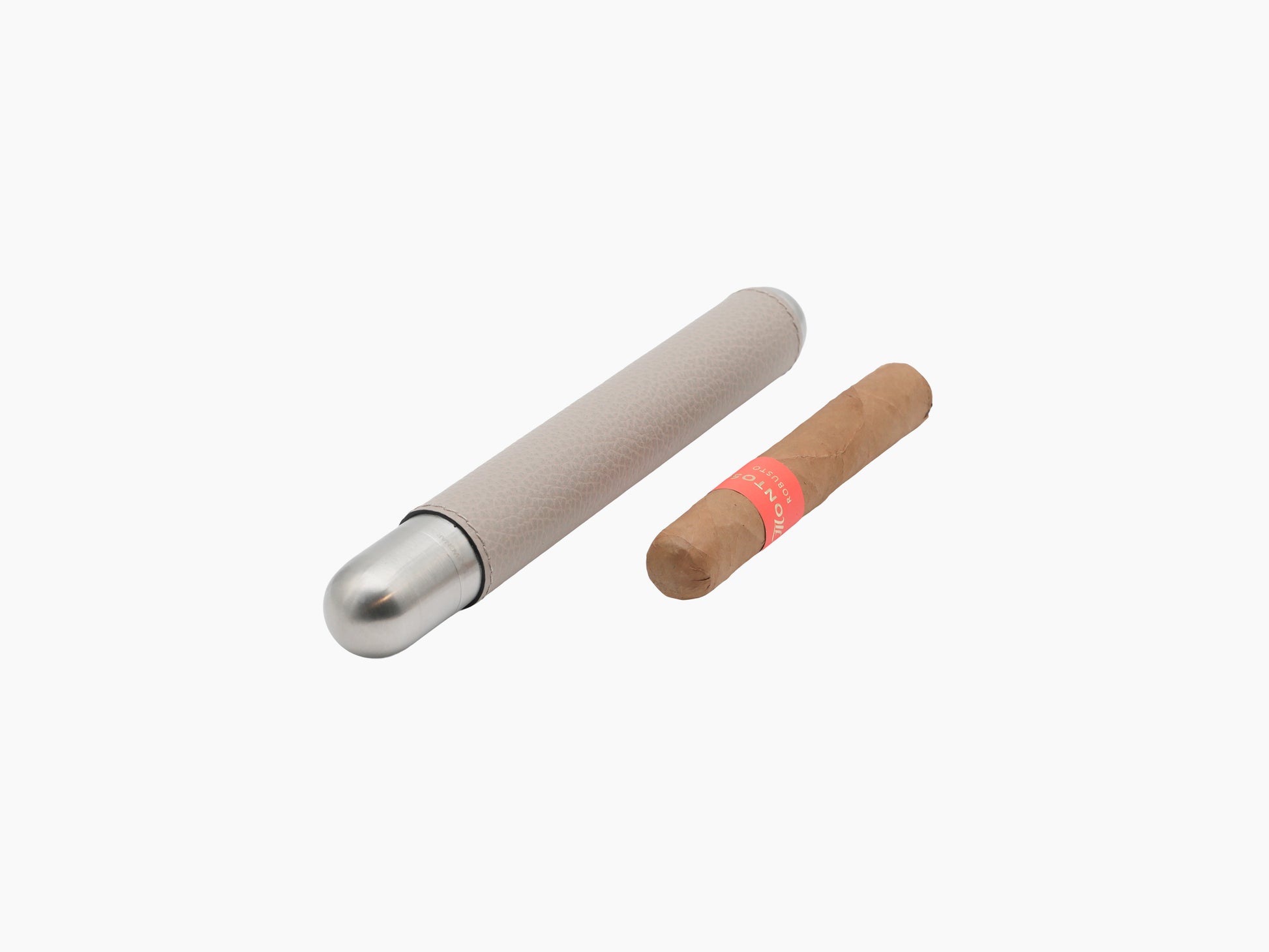 Beige leather wrapped stainless steel cigar holder shown beside a cigar with a red band.