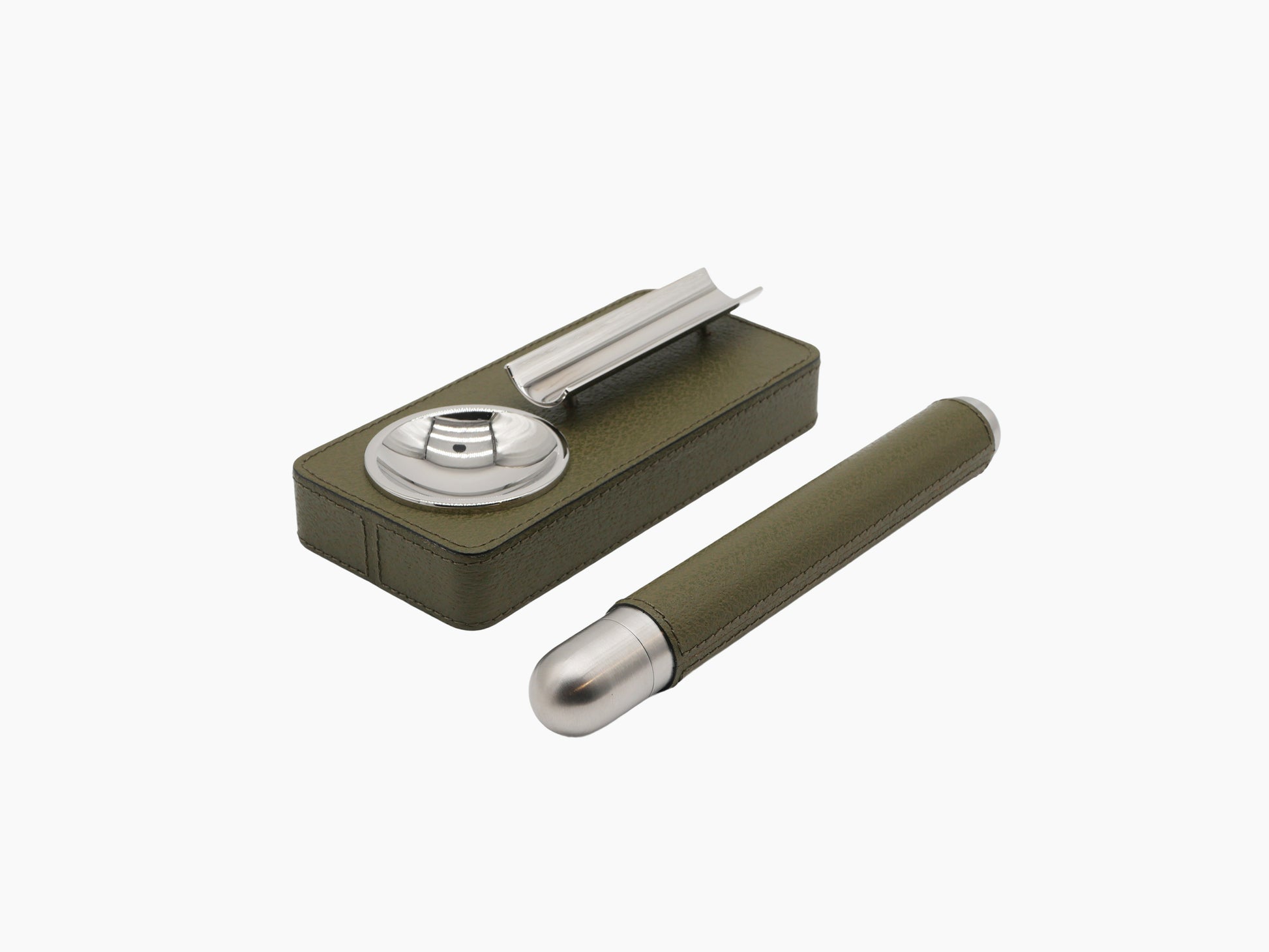 Three cigar holder gift sets in beige navy and olive leather with chrome ashtrays and matching cigars arranged side by side