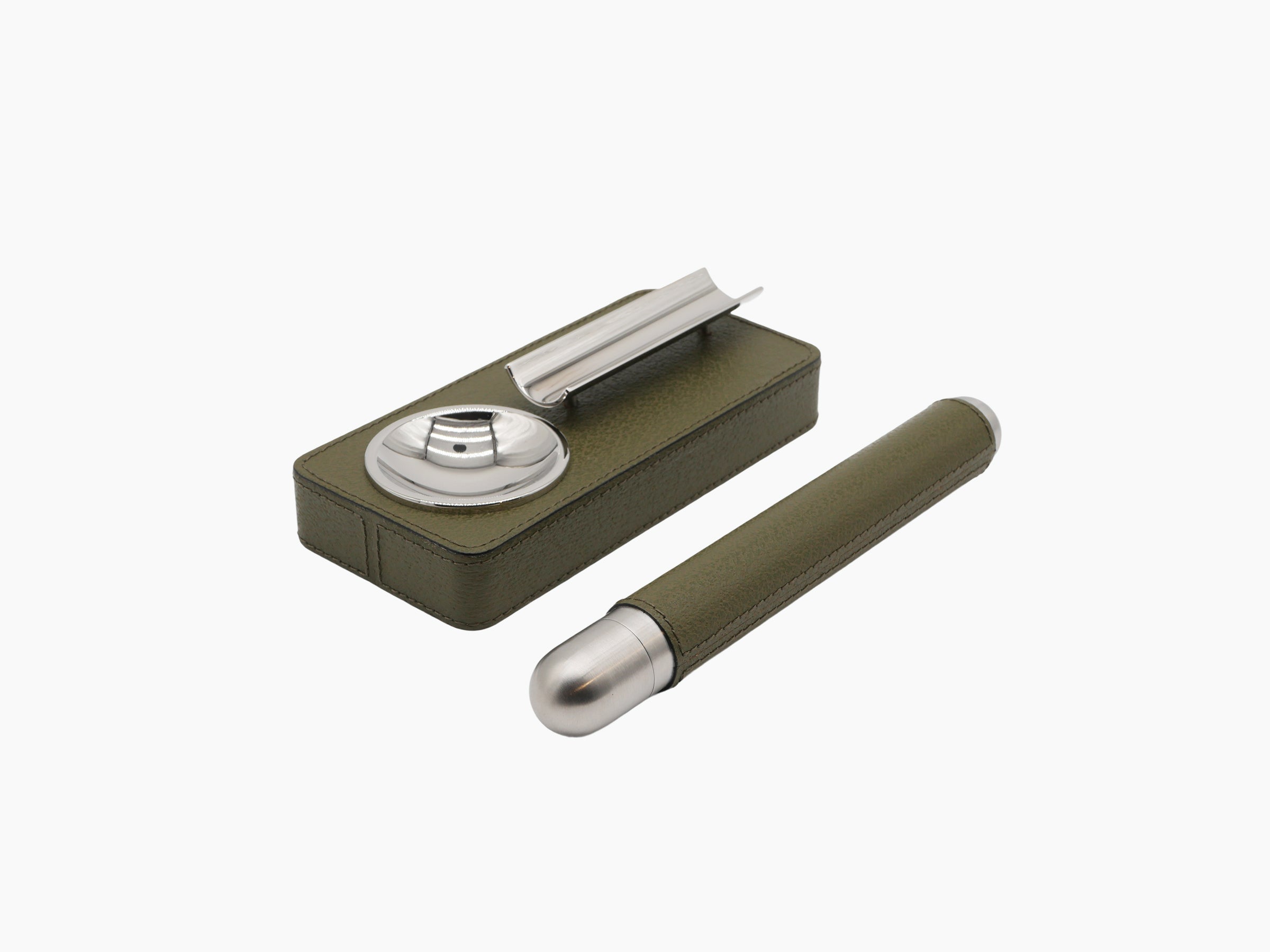 Three cigar holder gift sets in beige navy and olive leather with chrome ashtrays and matching cigars arranged side by side