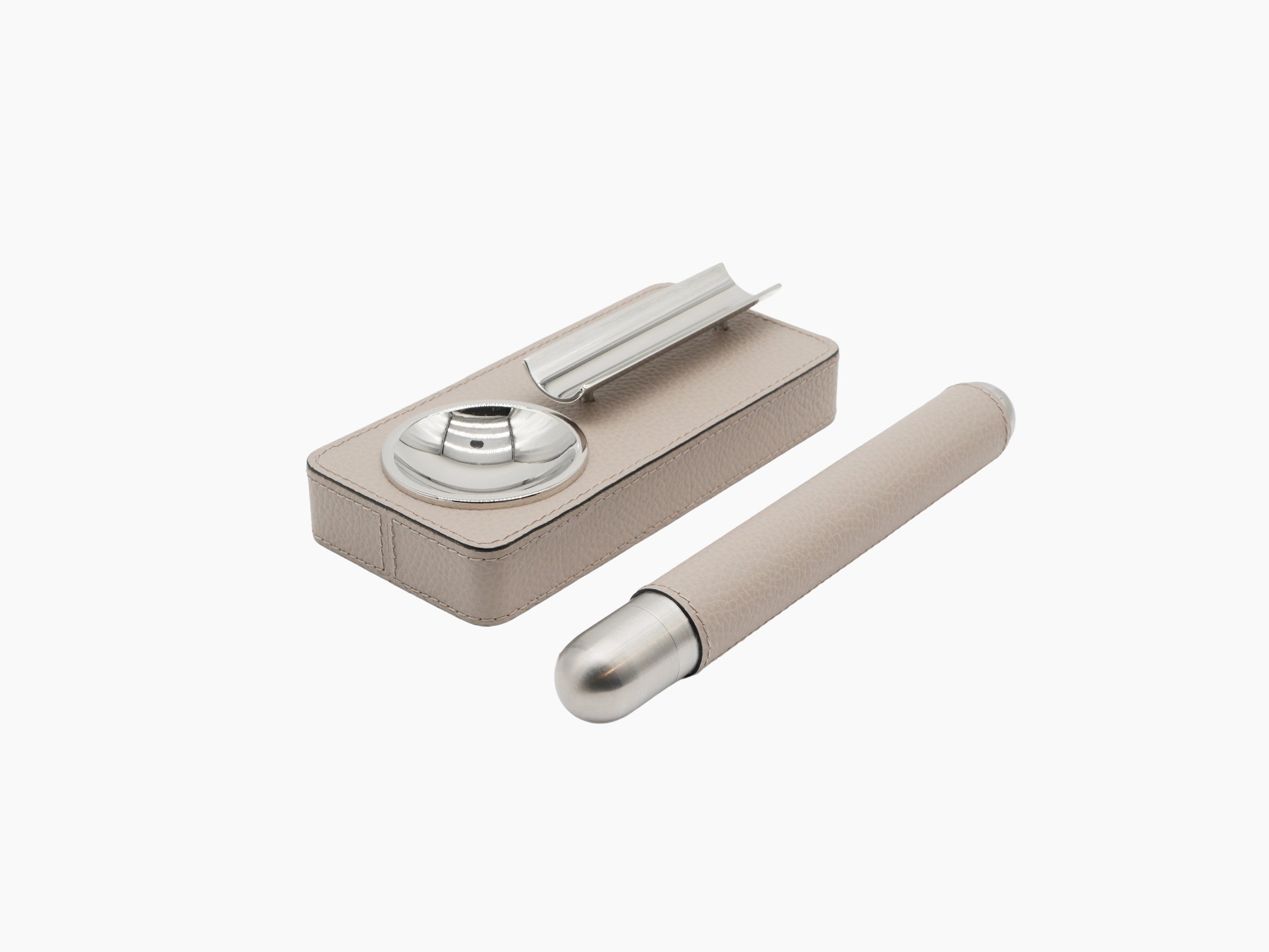 Stone color Cigar Holder Gift Set with beige leather case and chrome cigar holder resting on top.