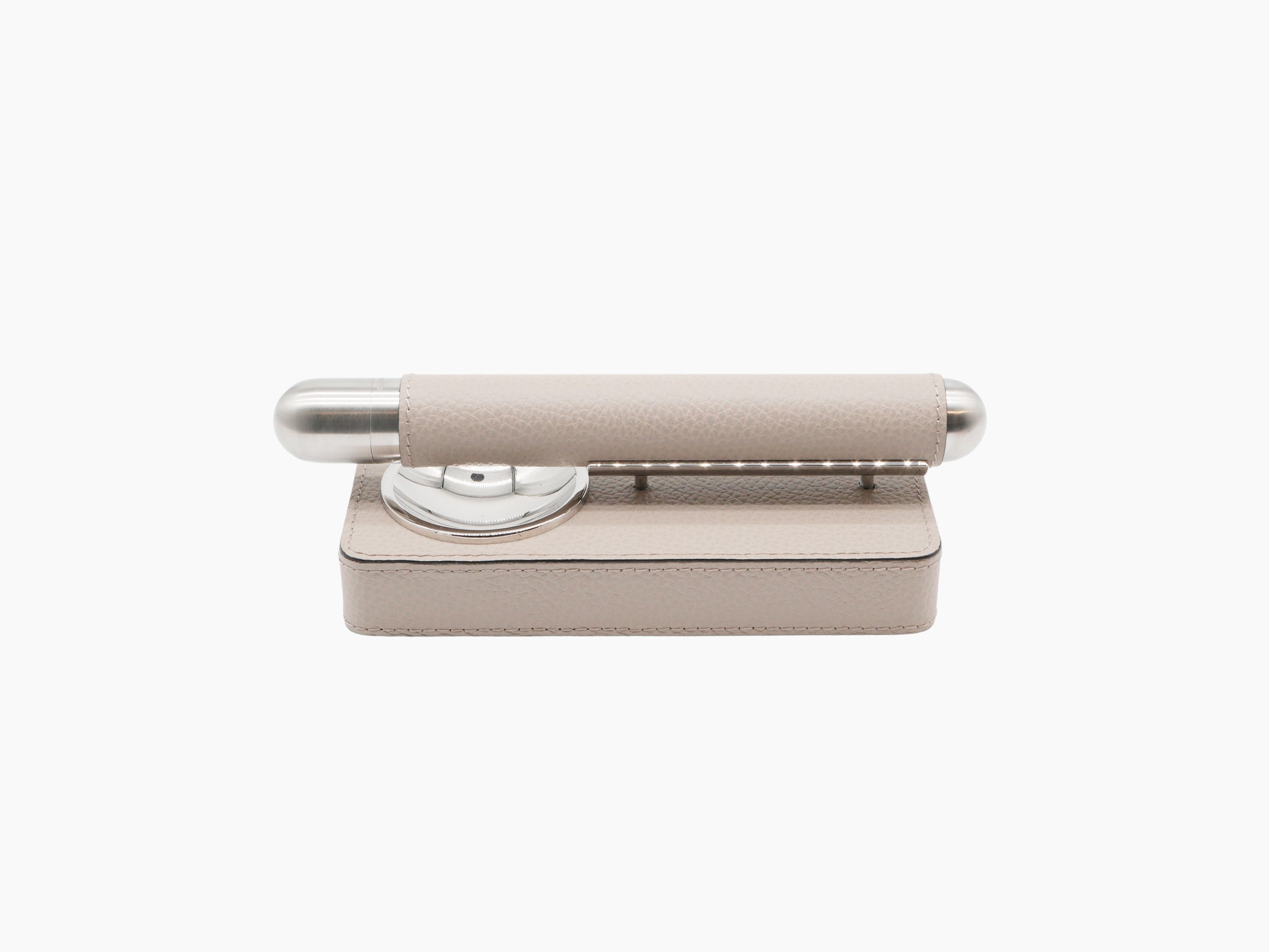 Stone color Cigar Holder Gift Set shown from the side with the beige leather case and holder aligned along the top.