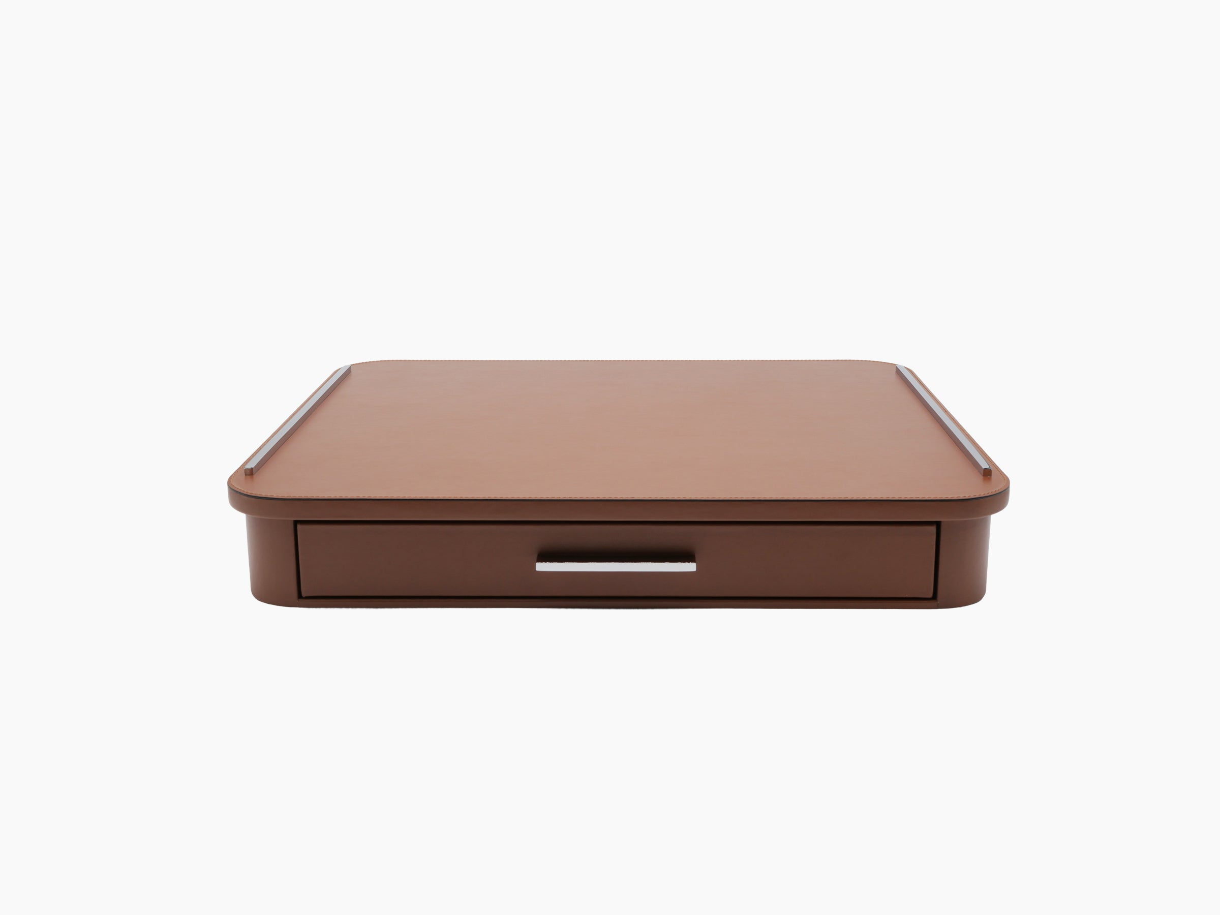 Saint–Germain Deluxe Drawer Organizer in tan leather with metal edge rails and front pull drawer.