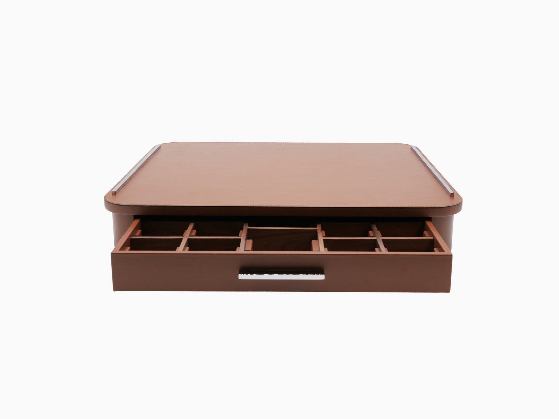 Top view of a brown leather covered coffee and tea drawer organizer with metal edge rails