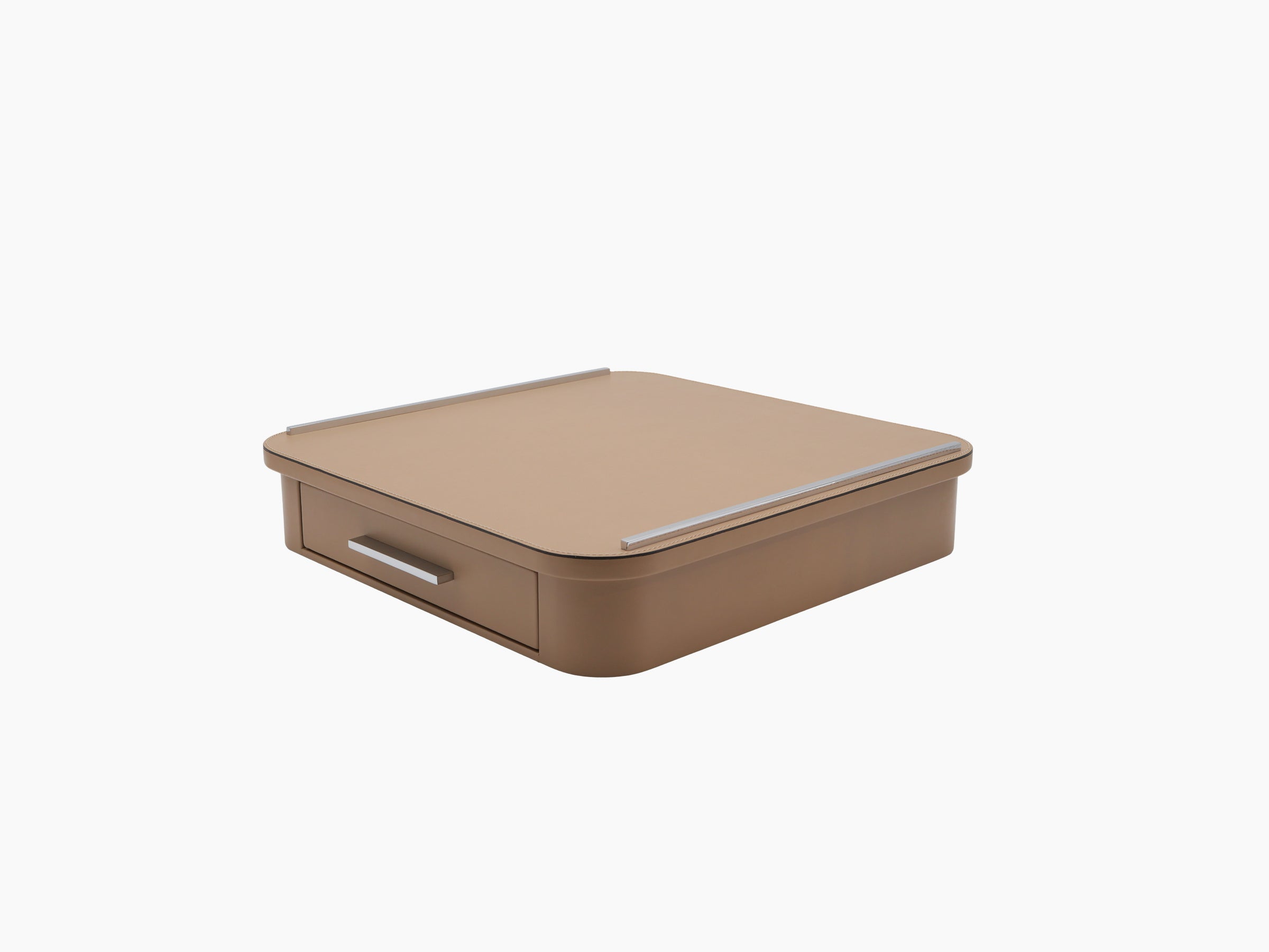 Saint Germain Coffee Drawer Organizer in tan leather with a marbled top and chrome rails, closed.