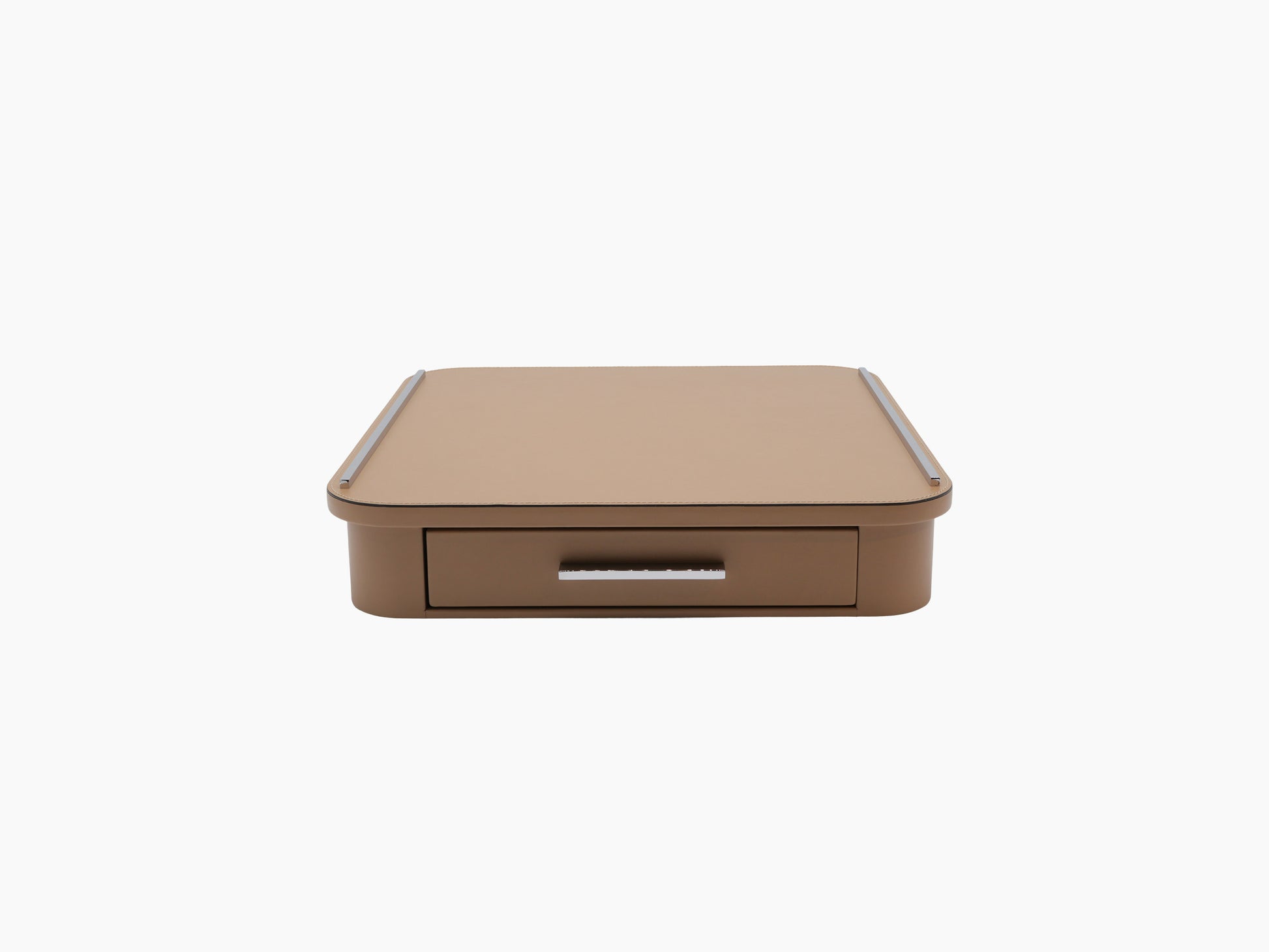 Saint Germain leather wrapped coffee drawer organizer with drawer extended, showing walnut interior compartments.
