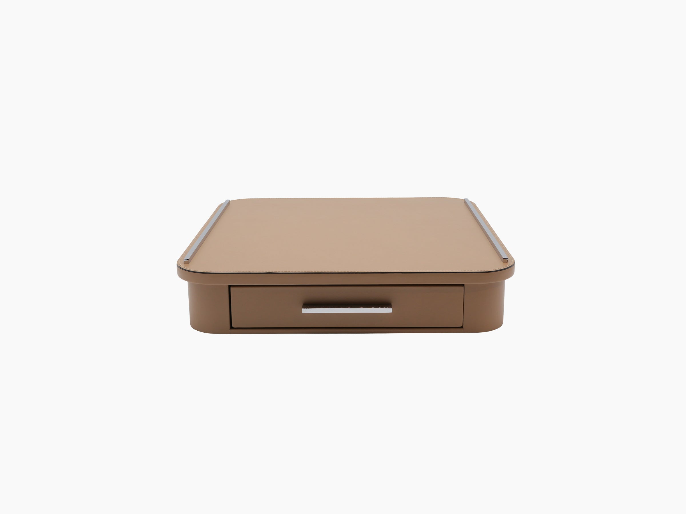 Saint Germain leather wrapped coffee drawer organizer with drawer extended, showing walnut interior compartments.