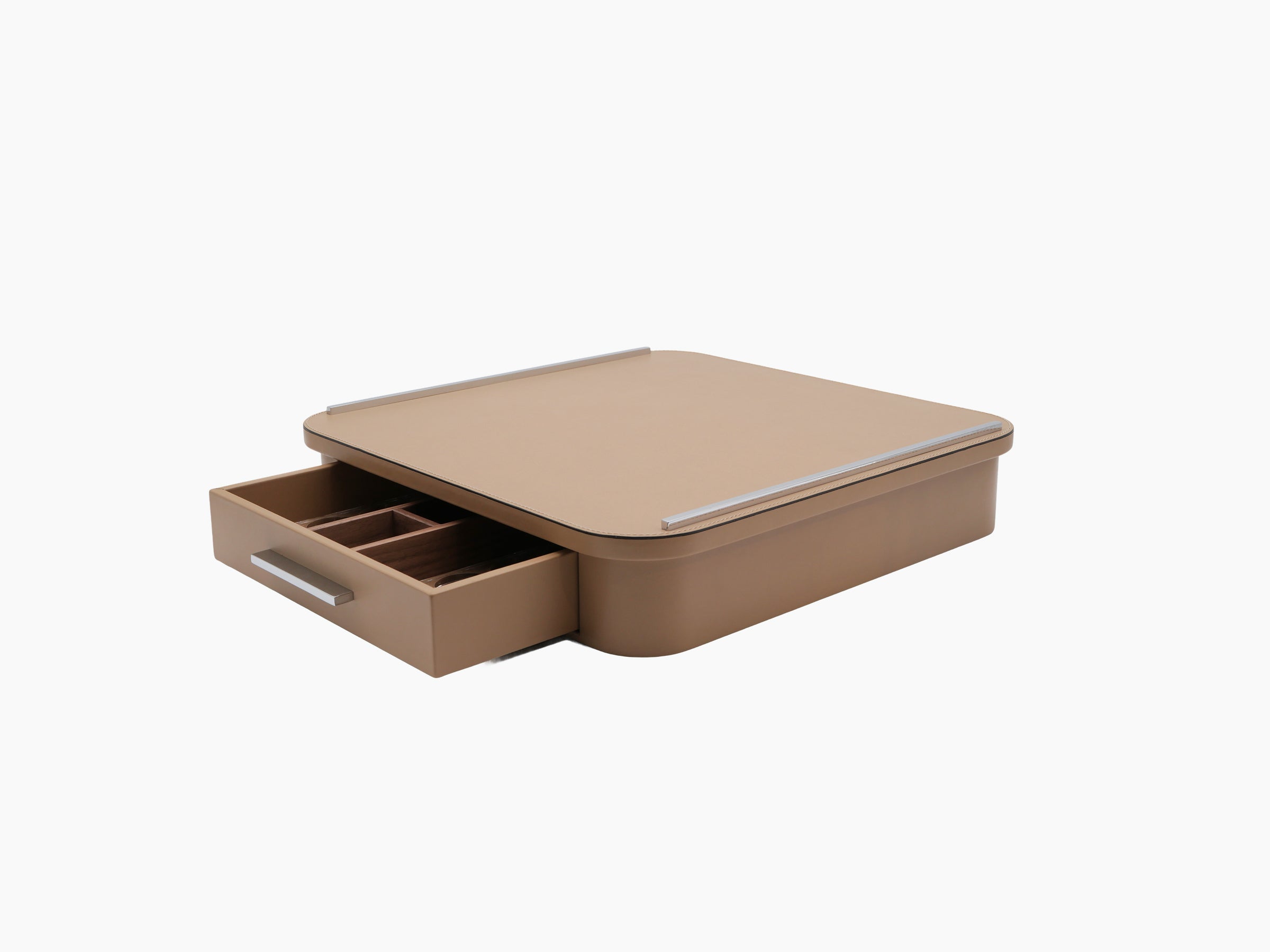 Saint Germain coffee drawer organizer with marble top and chrome rails viewed from above with drawer closed.