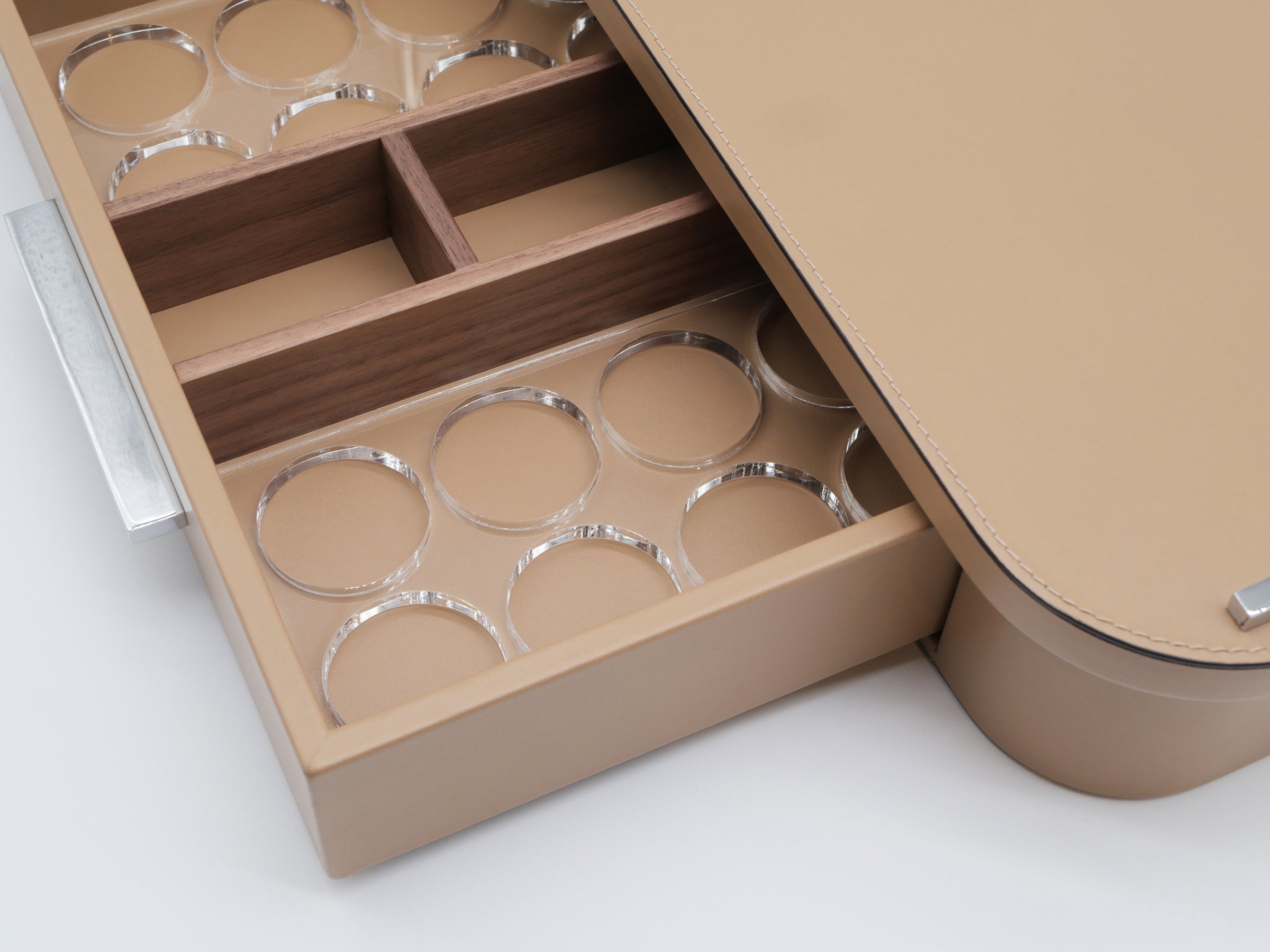 Open Saint–Germain Classic Capsule Drawer showing walnut partitions and circular capsule slots.