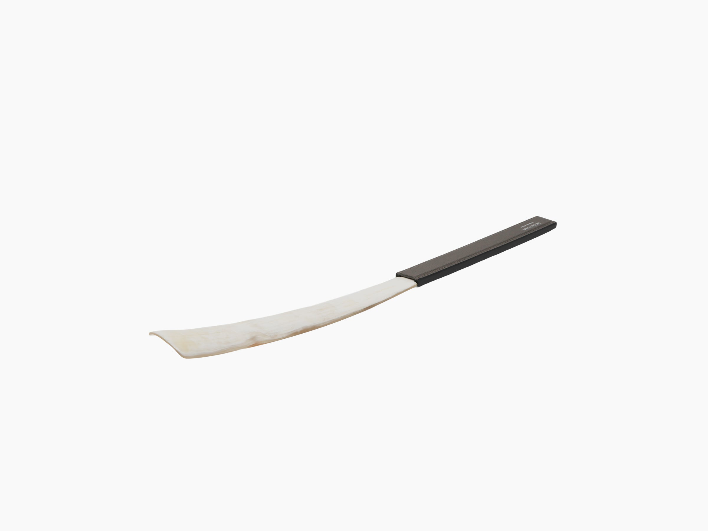Long buffalo horn shoehorn with curved ivory horn and dark flat leather handle
