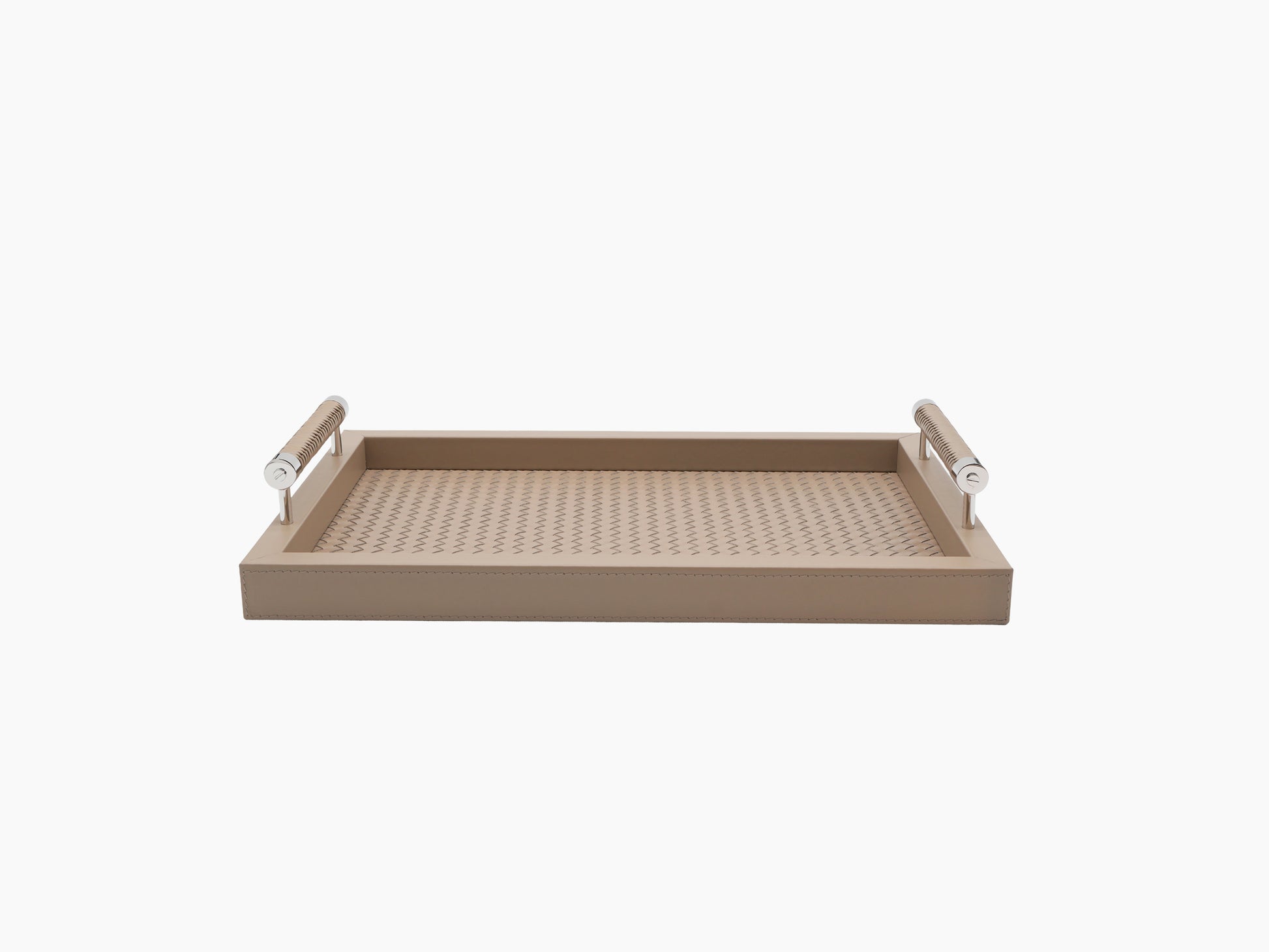 Large rectangular Diana leather tray with handwoven padded interior and woven leather handles