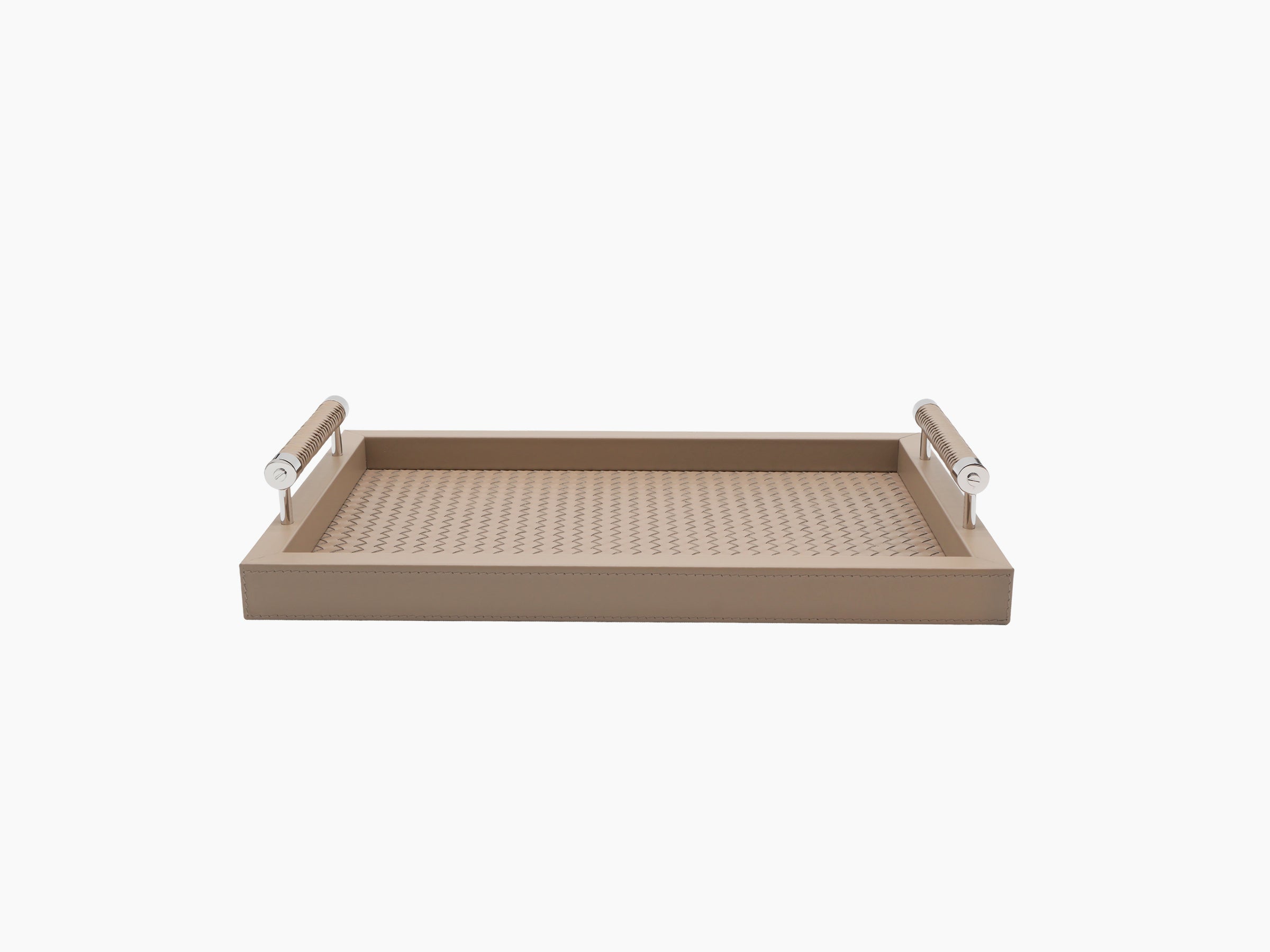 Large rectangular Diana leather tray with handwoven padded interior and woven leather handles