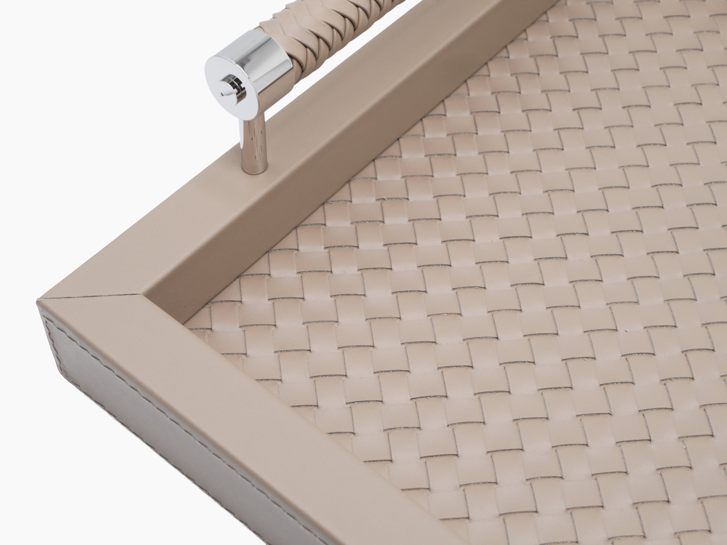 Beige Diana handwoven rectangular tray with padded woven lining and braided leather handles