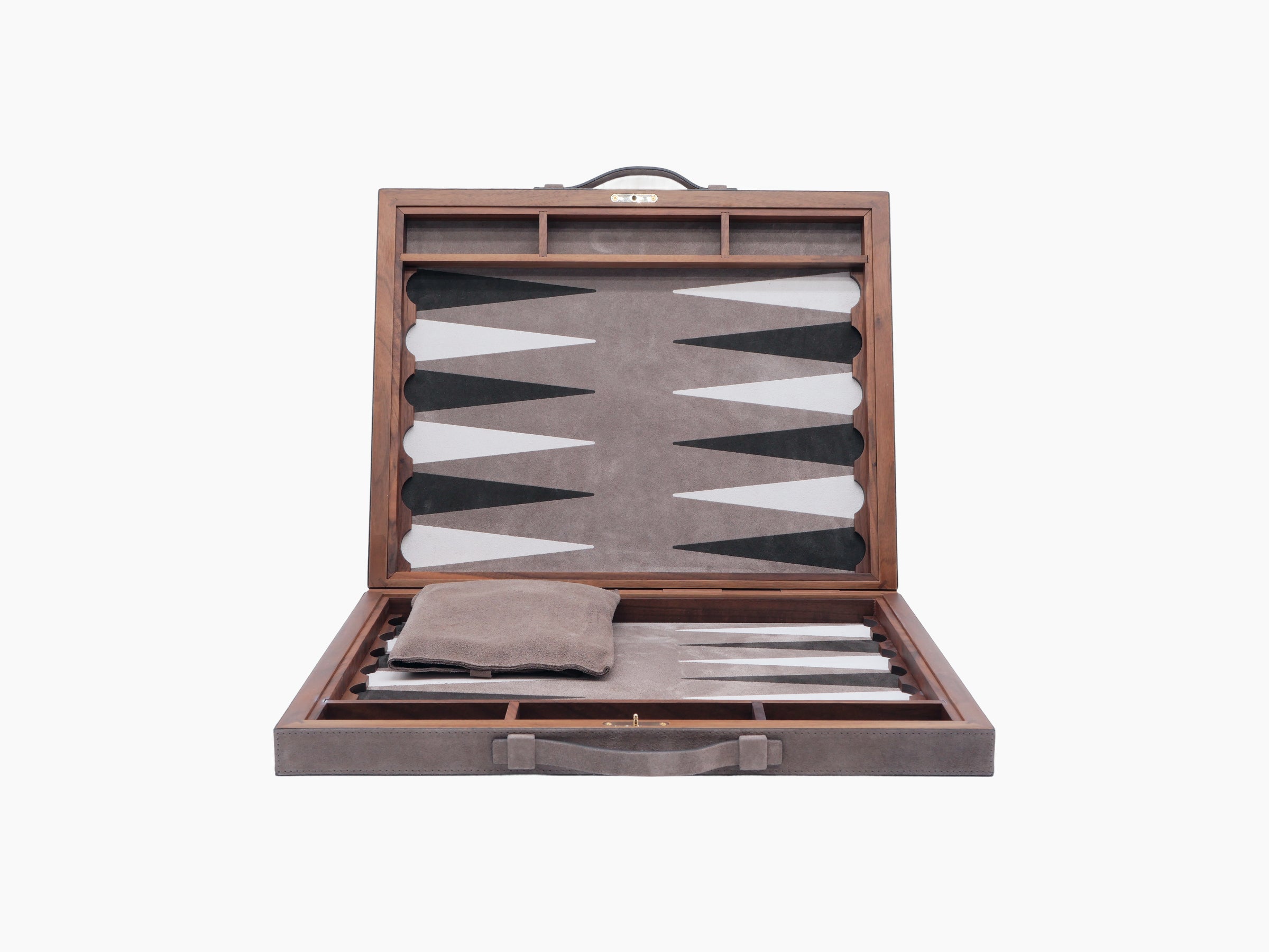 Open Bond backgammon case in walnut and leather with a leather inlay board and a folded grey pouch inside