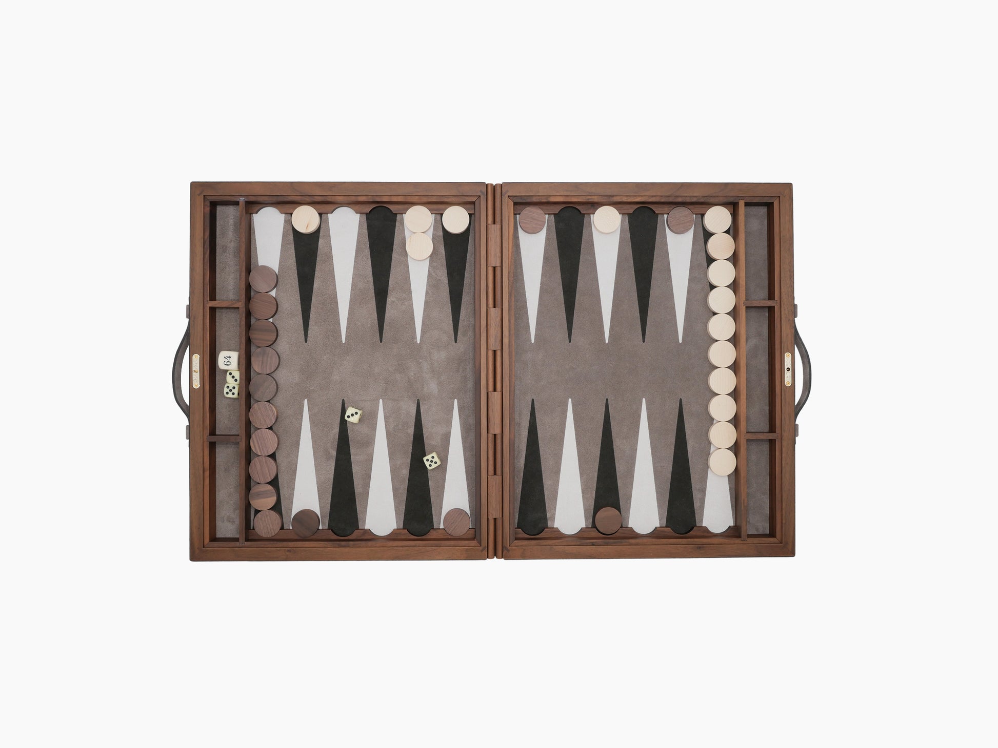 Top-down view of an open Bond backgammon case with dual boards, black and white points, checkers and dice visible on the left