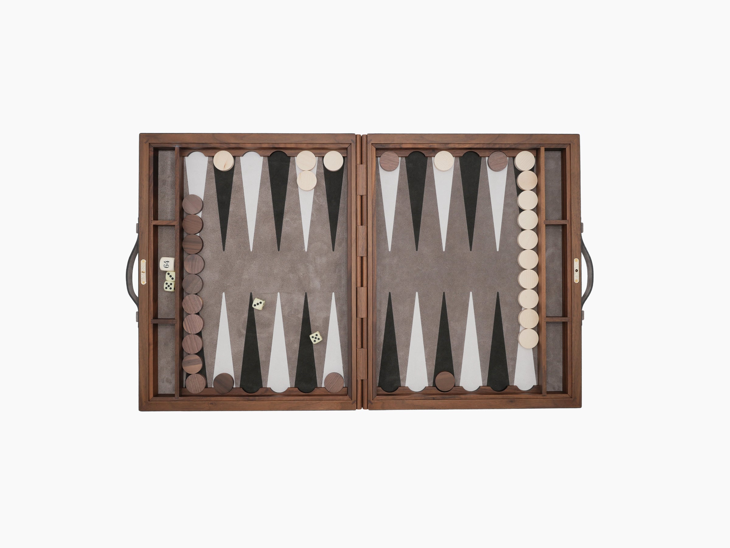 Top-down view of an open Bond backgammon case with dual boards, black and white points, checkers and dice visible on the left