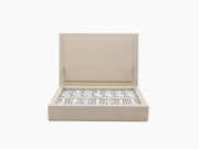 Beige Eva Domino Game Set with lid open revealing white domino tiles with black pips neatly arranged