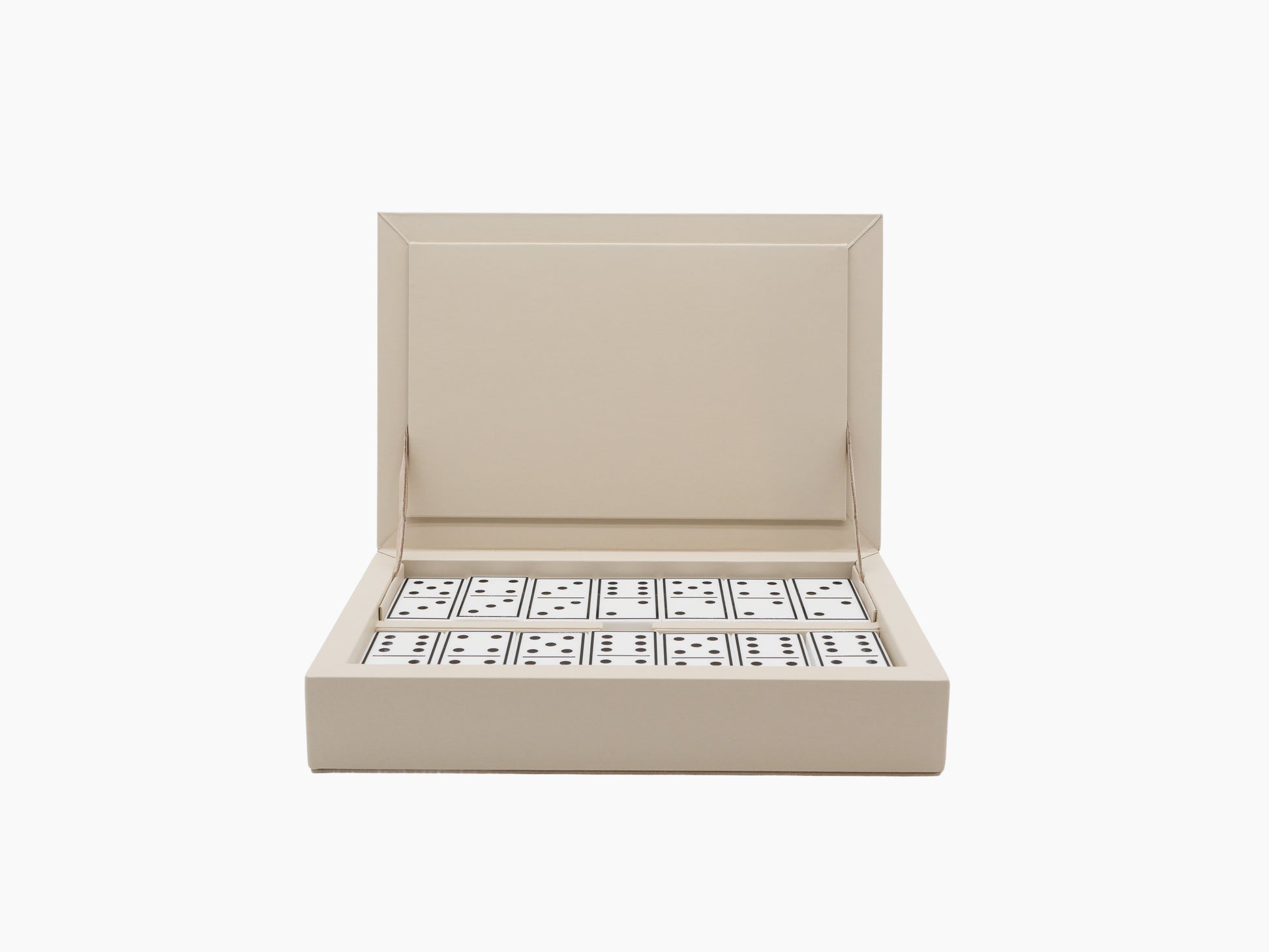 Beige Eva Domino Game Set with lid open revealing white domino tiles with black pips neatly arranged