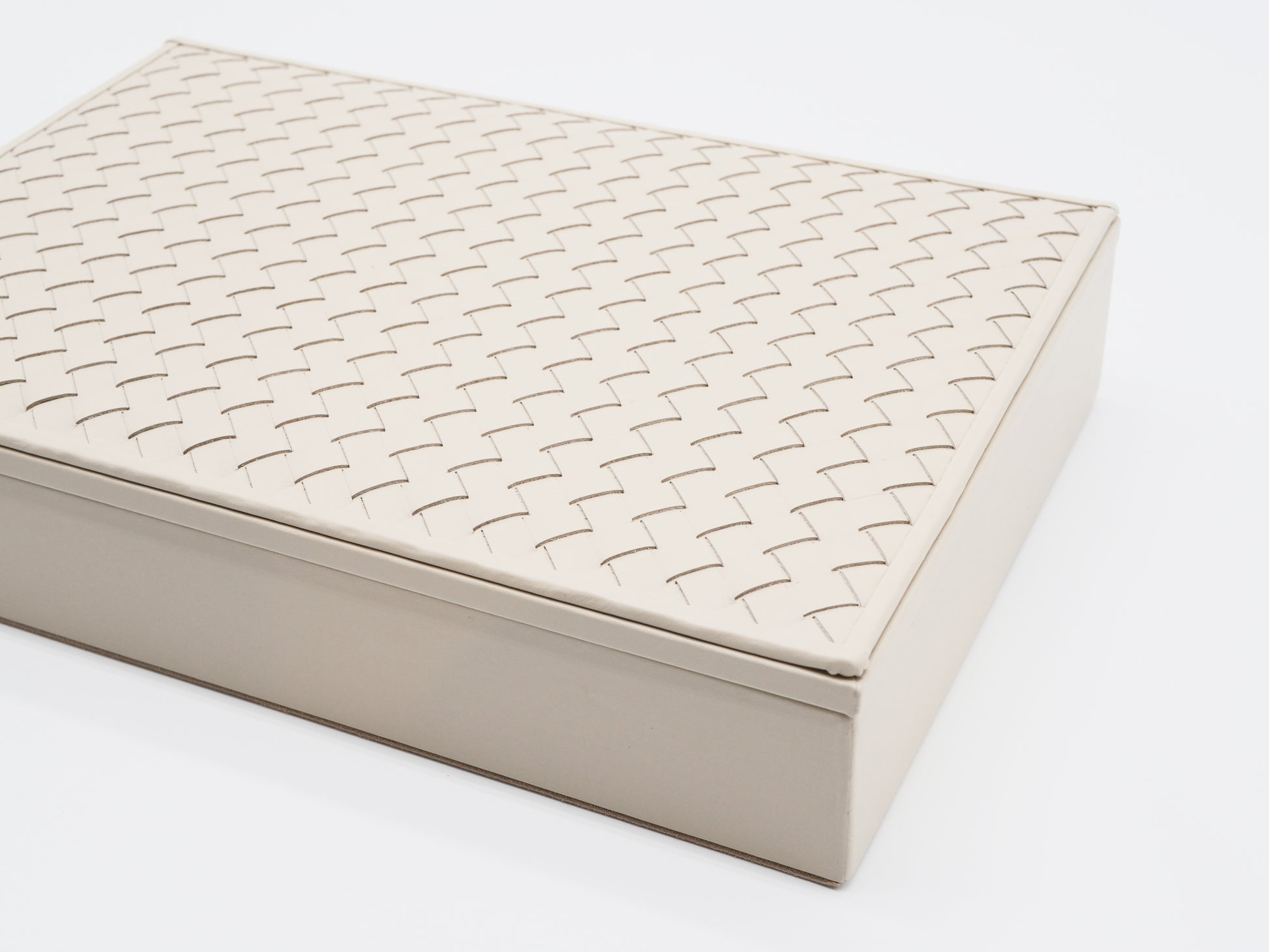 Beige Eva Domino Game Set box angled to reveal the woven lid.