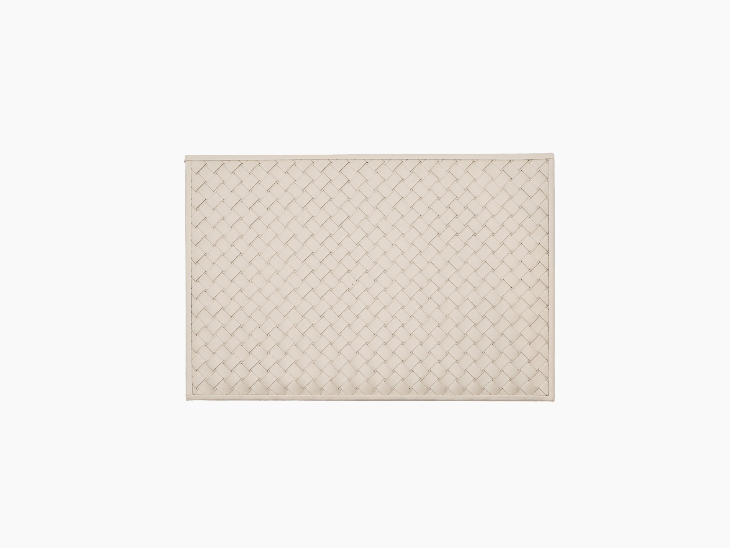 Top view of the beige leather Eva Domino Game Set box with a handwoven lid pattern.