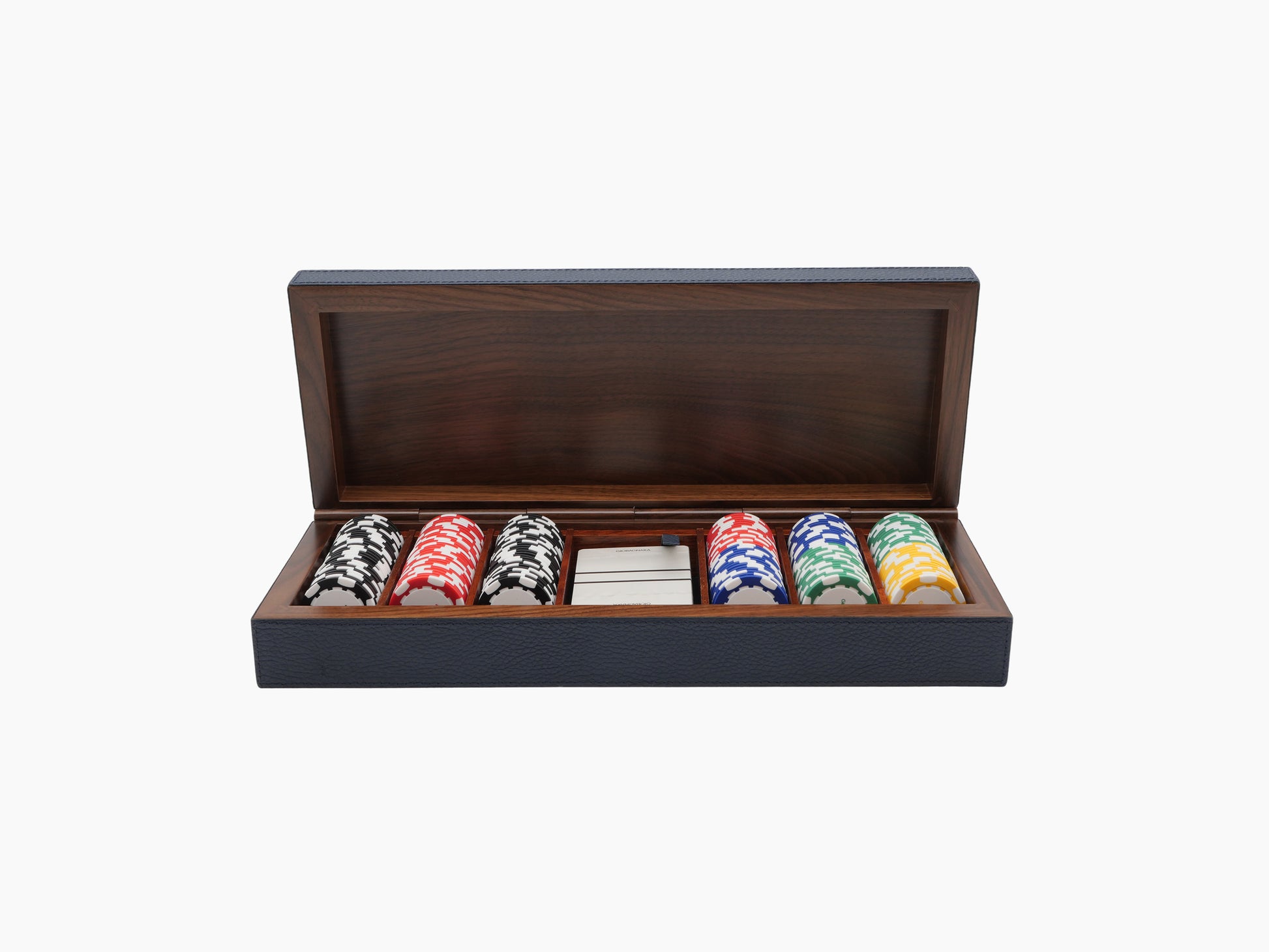 Open poker case in dark wood with compartments for a full deck of cards and multicolored poker chips