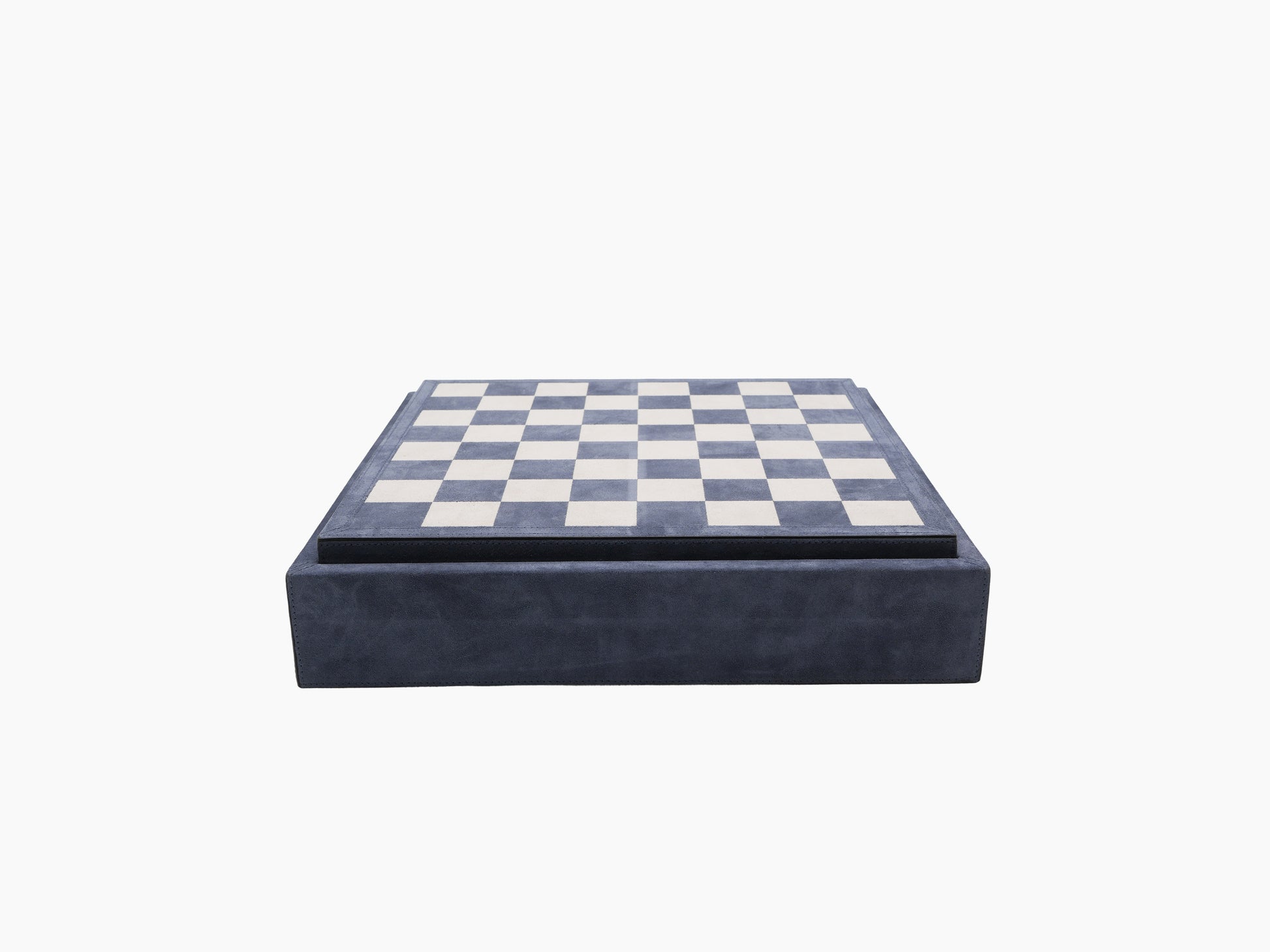 Closed blue leather 3 in 1 chess draughts and dominoes case with an inlaid checkerboard top