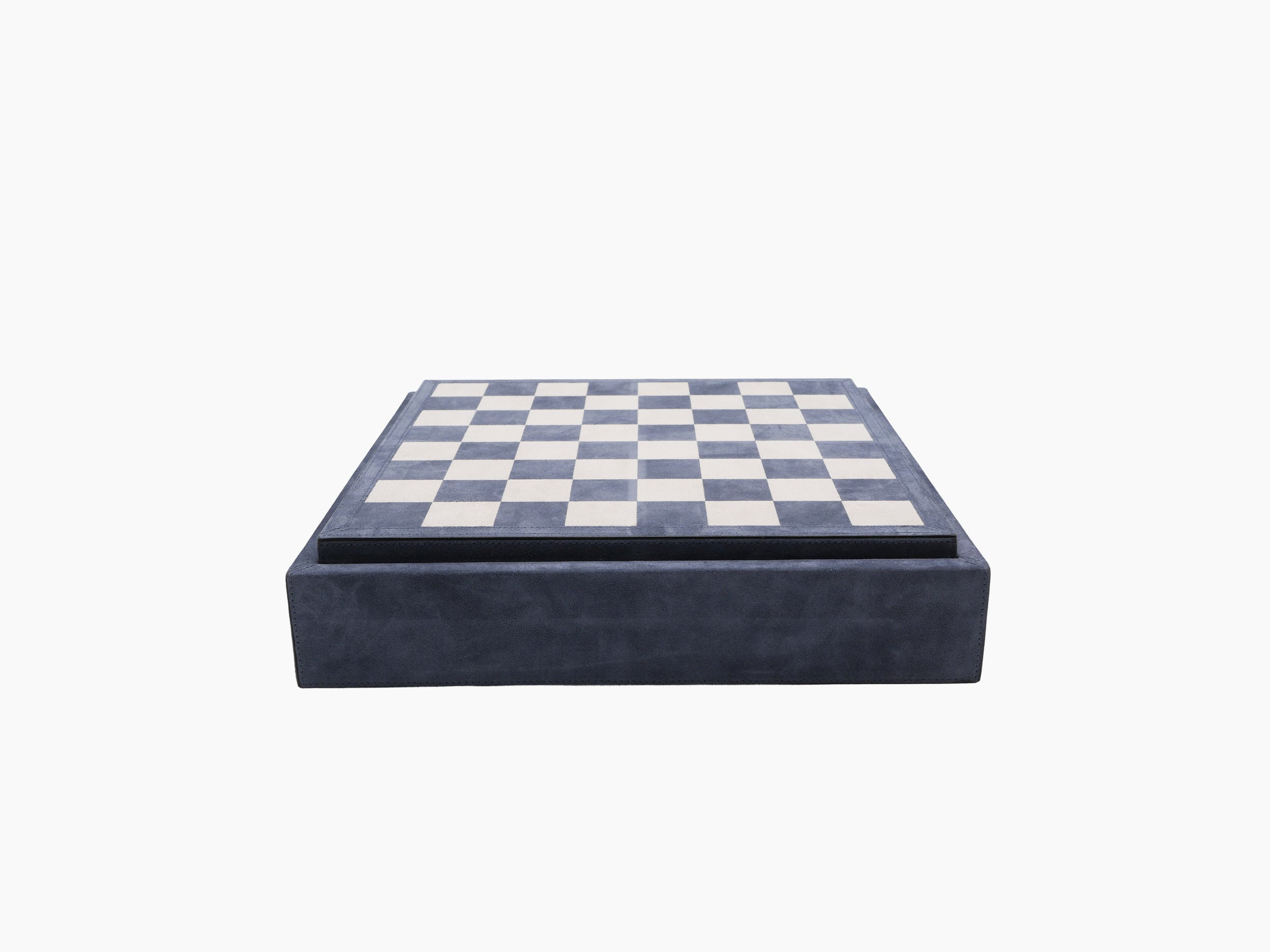 Closed blue leather 3 in 1 chess draughts and dominoes case with an inlaid checkerboard top
