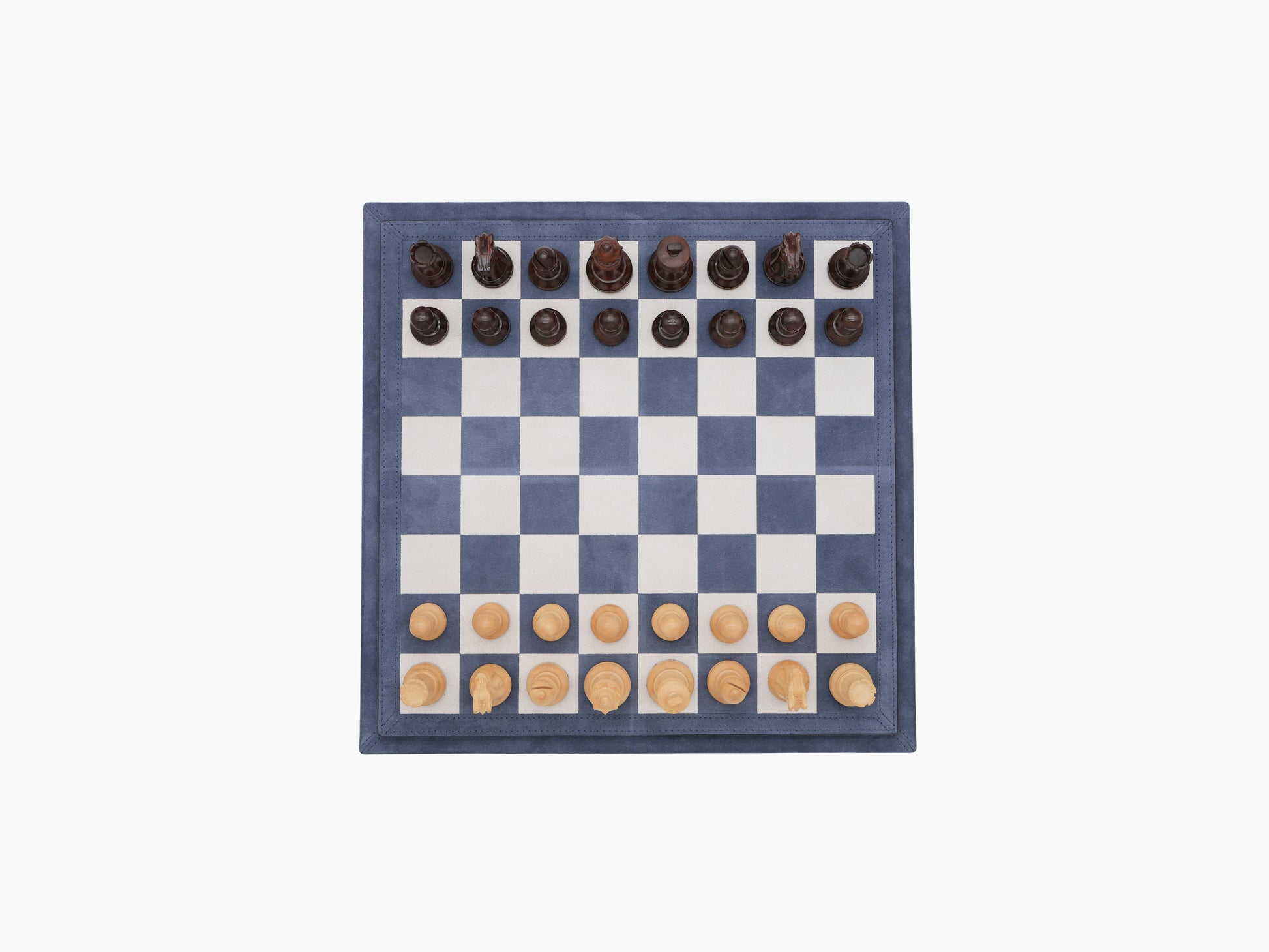 Open blue leather case reveals a built in chessboard with light and dark wooden pieces arranged for play