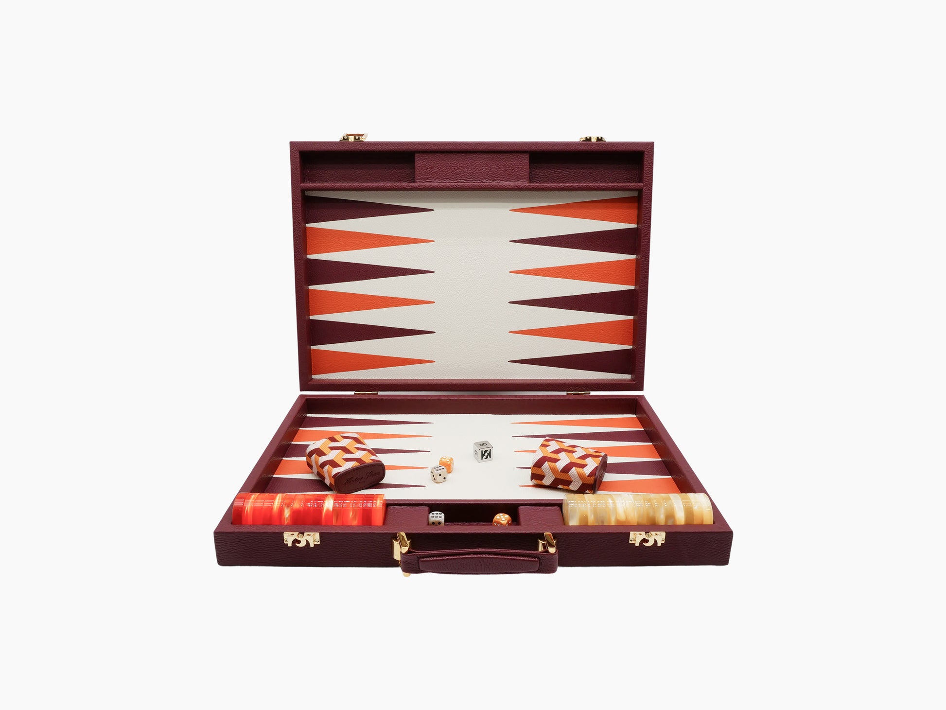 Open burgundy leather backgammon case with orange and burgundy triangular points and visible dice and leather cups