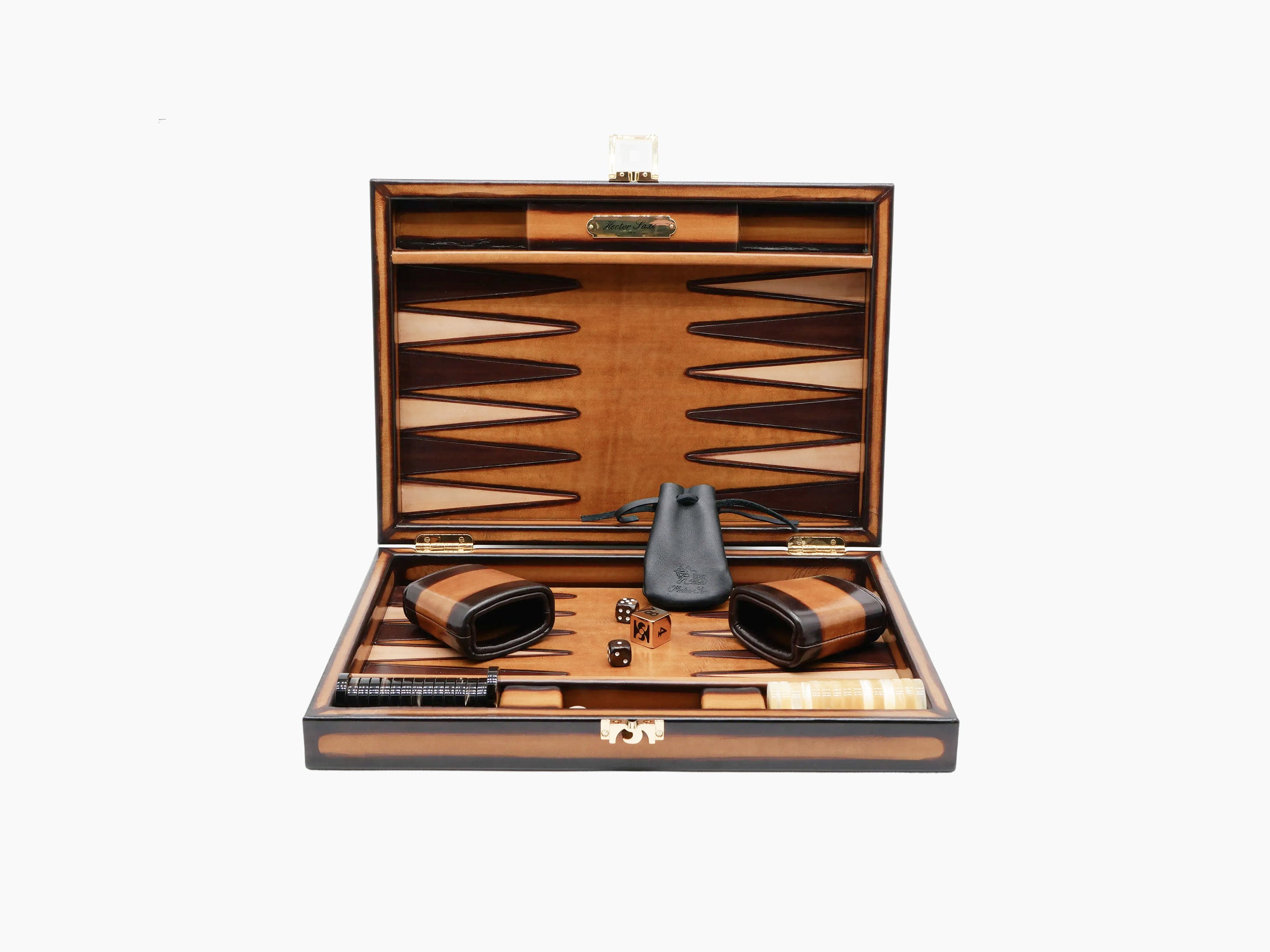 Open cognac leather backgammon set with wood interior and accessories arranged inside.