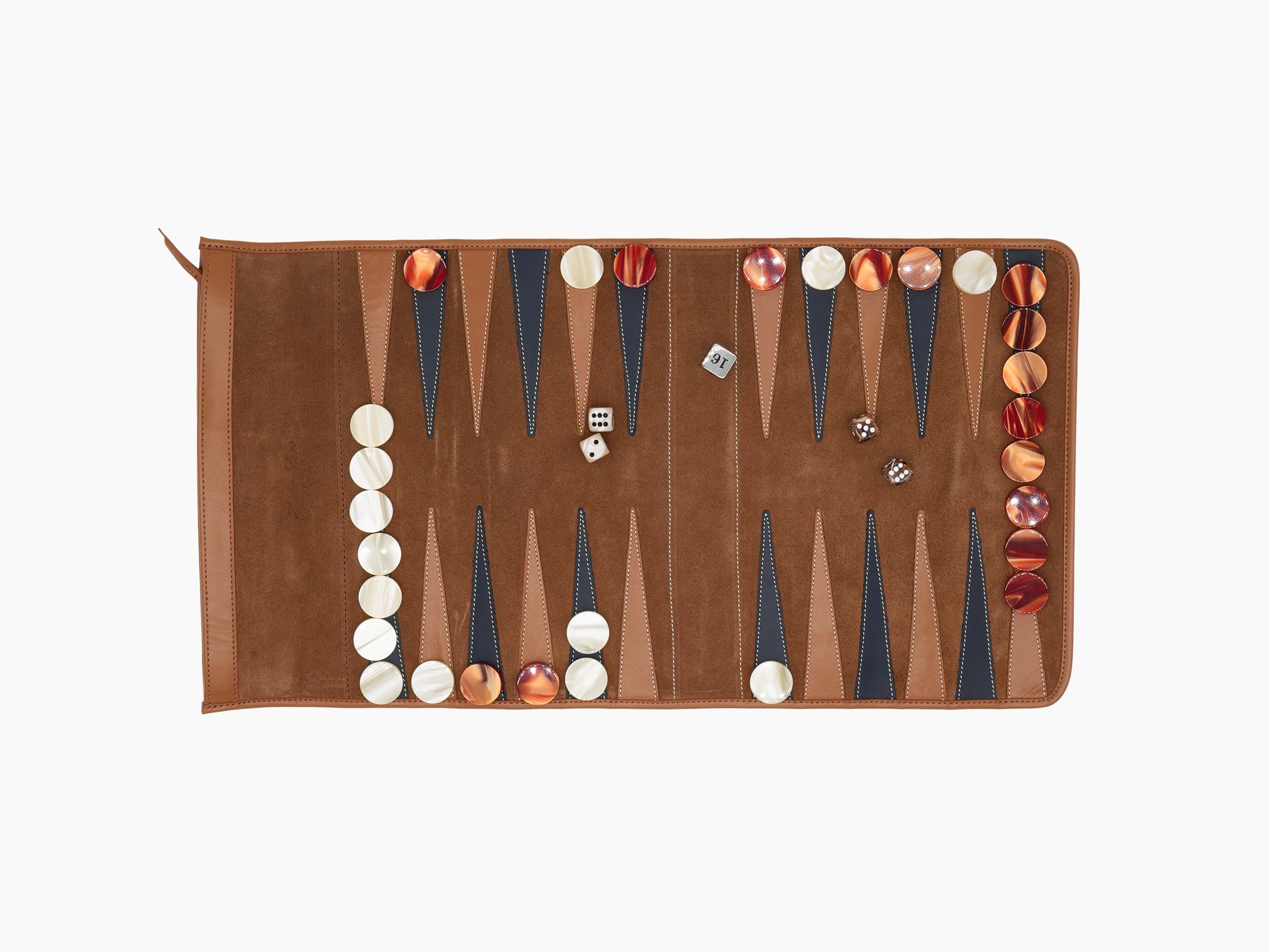 Open travel backgammon set with brown suede exterior and blue and tan points, dice and stones on the board.