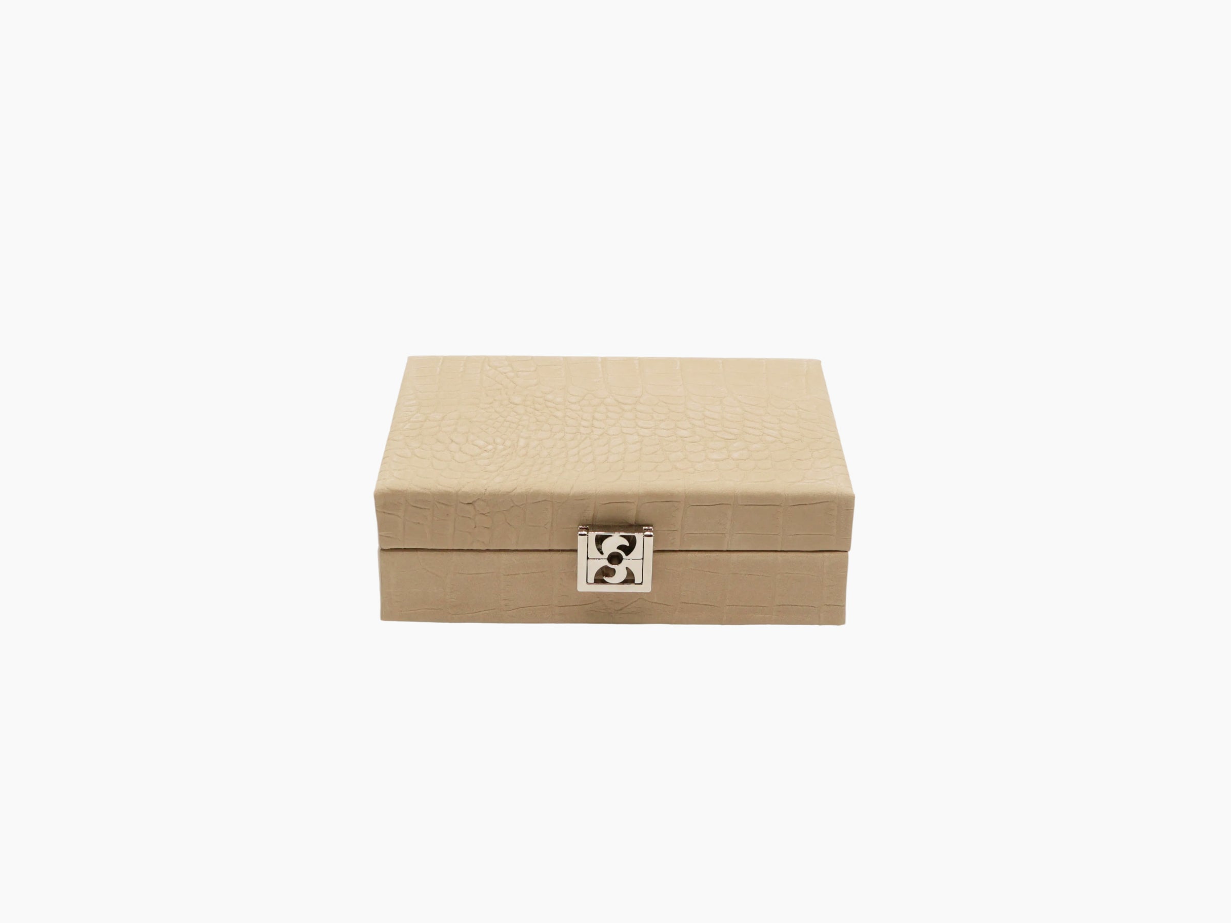 Closed tan alligator-embossed card box with a metal clasp.