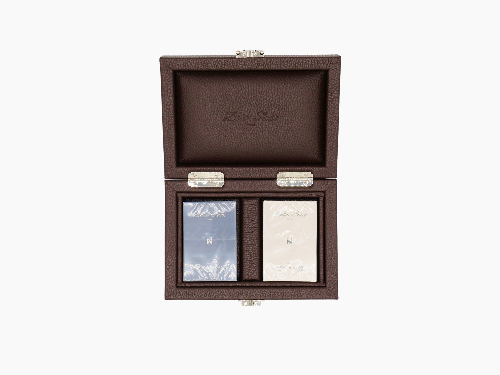 Top-down view of brown buffalo leather card box opened to reveal blue and beige wrapped decks.