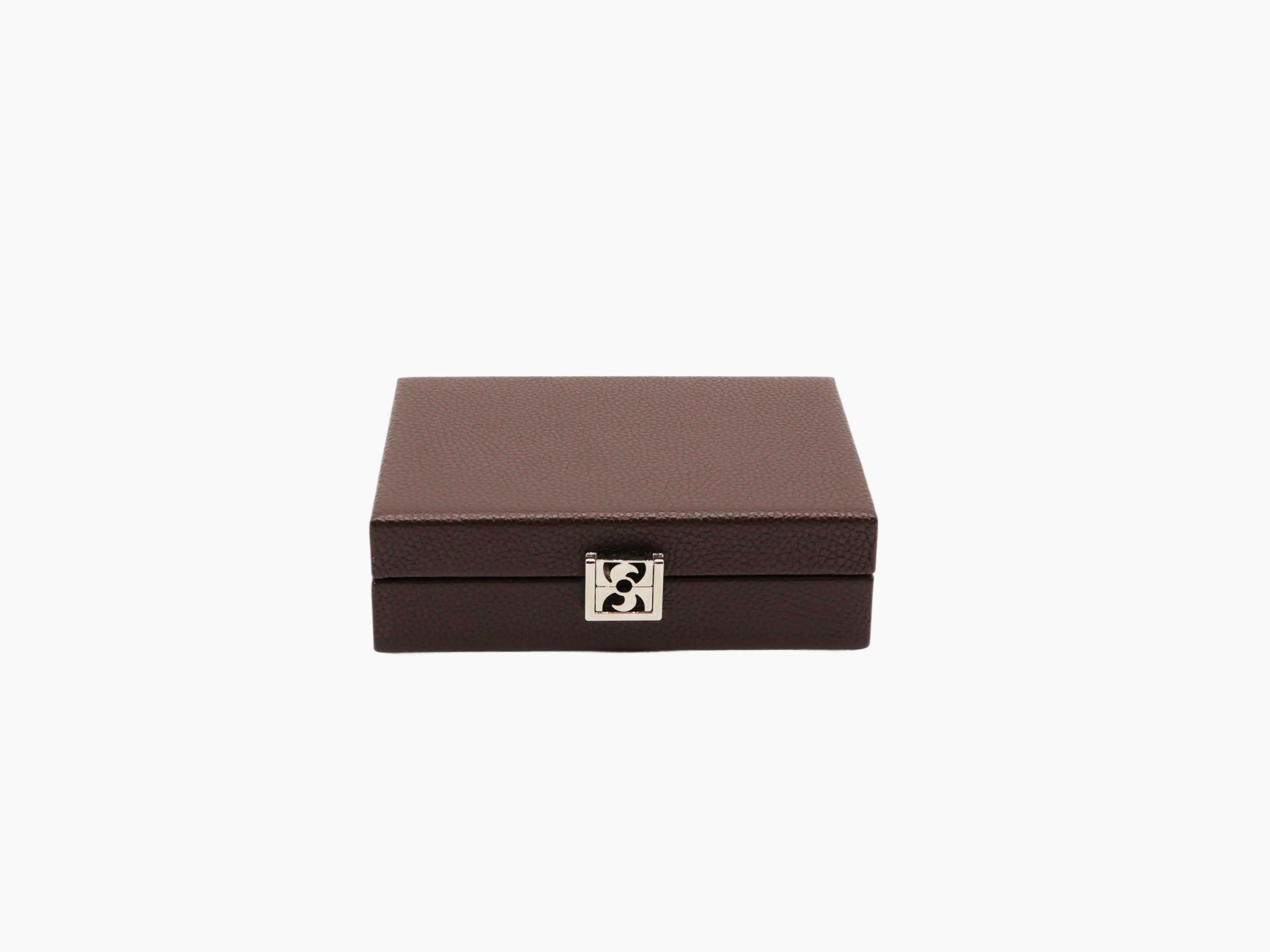 Closed buffalo leather card box with a silver metal clasp
